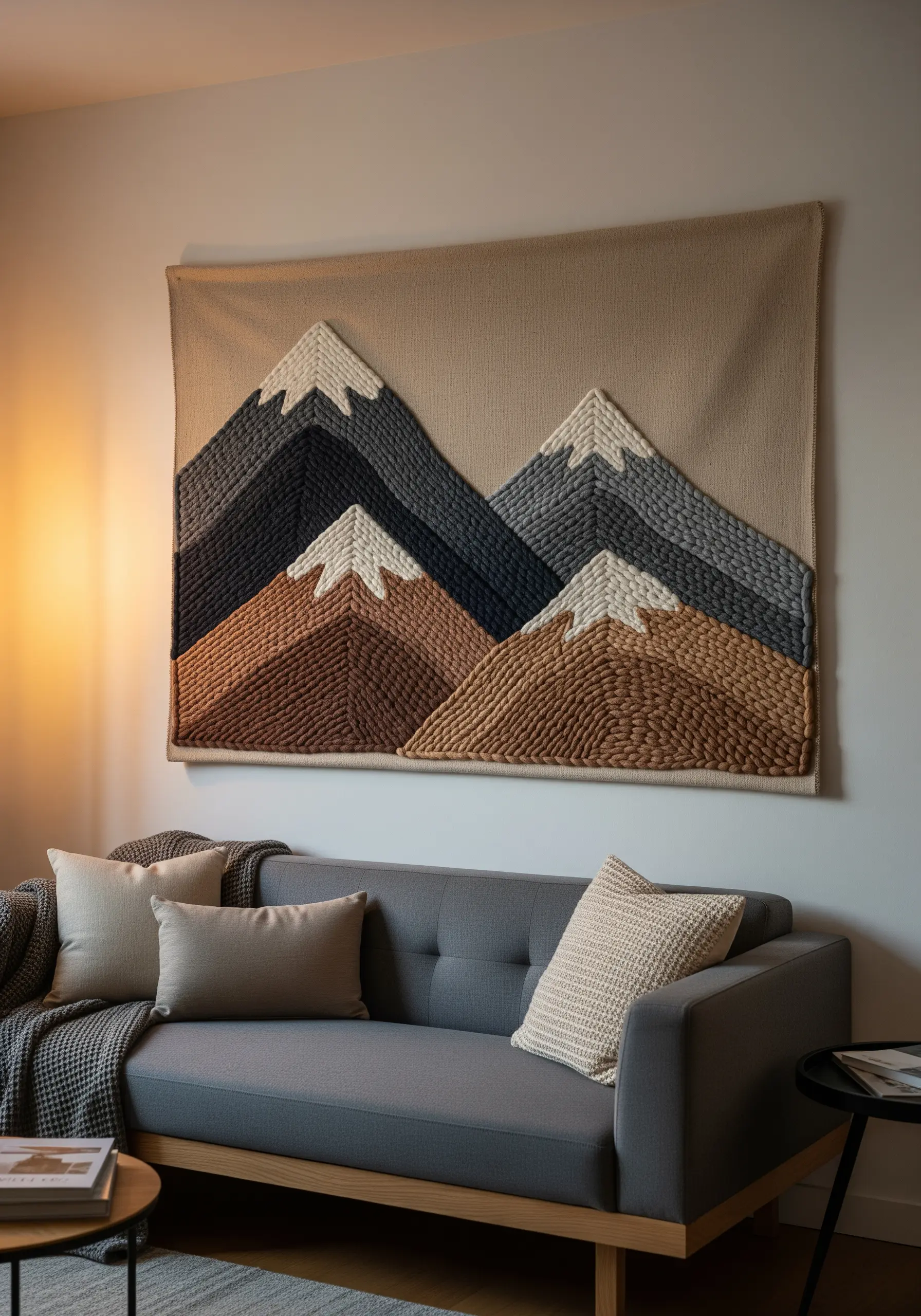Large woven tapestry of mountains in earth tones hanging above a grey sofa.