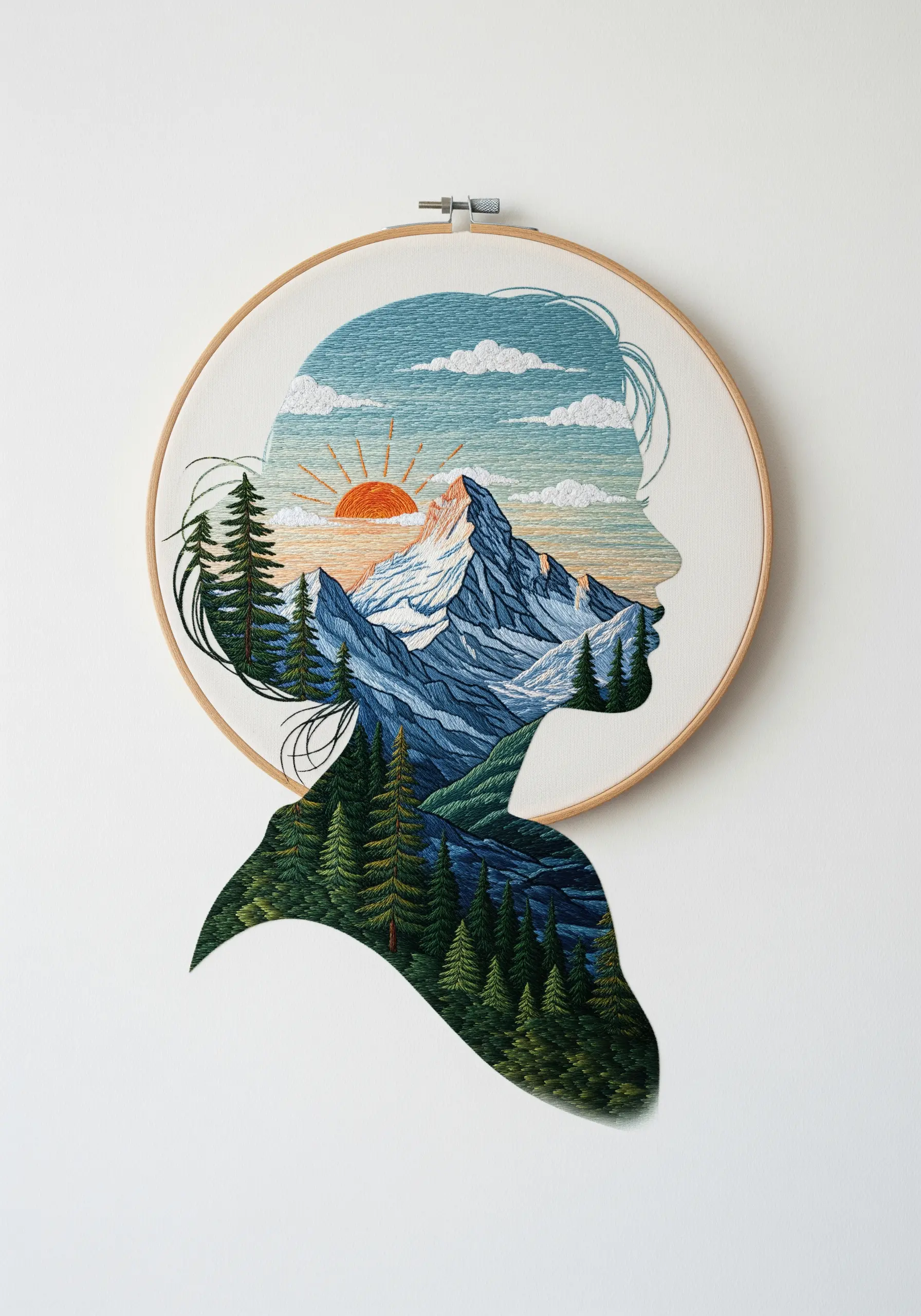 An embroidered silhouette of a person's head filled with a detailed mountain landscape scene.