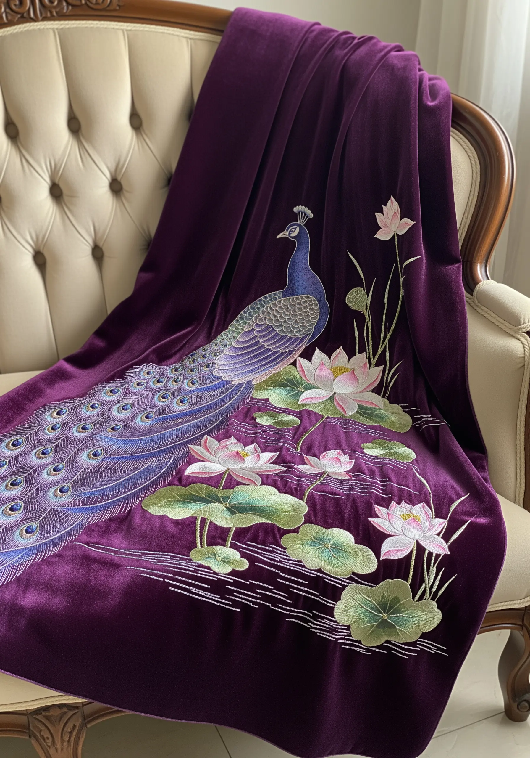 A peacock standing among lotus flowers embroidered on a rich purple velvet throw.