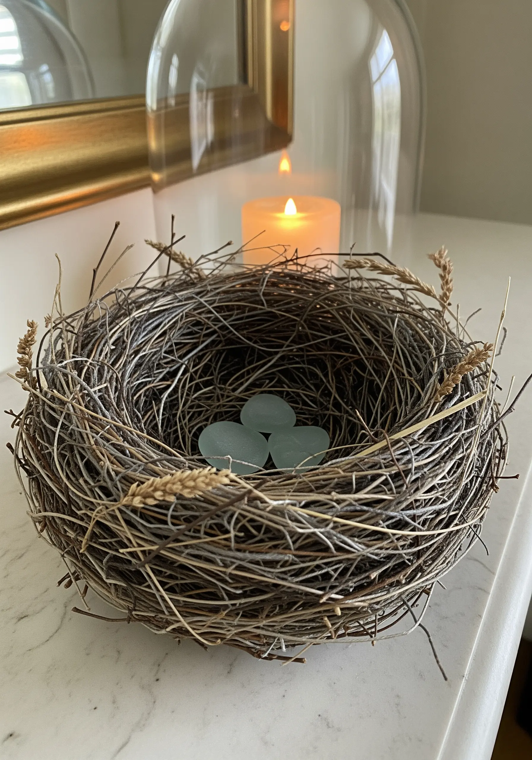A realistic bird's nest made from twigs and dried grass, holding three sea glass eggs.
