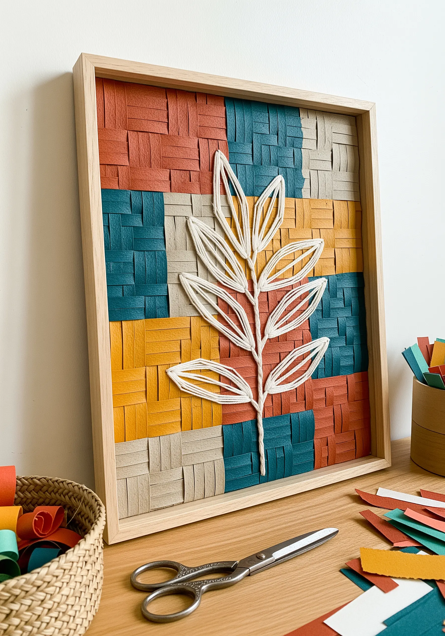 A leaf outlined in white thread on a background of woven paper in earthy tones.