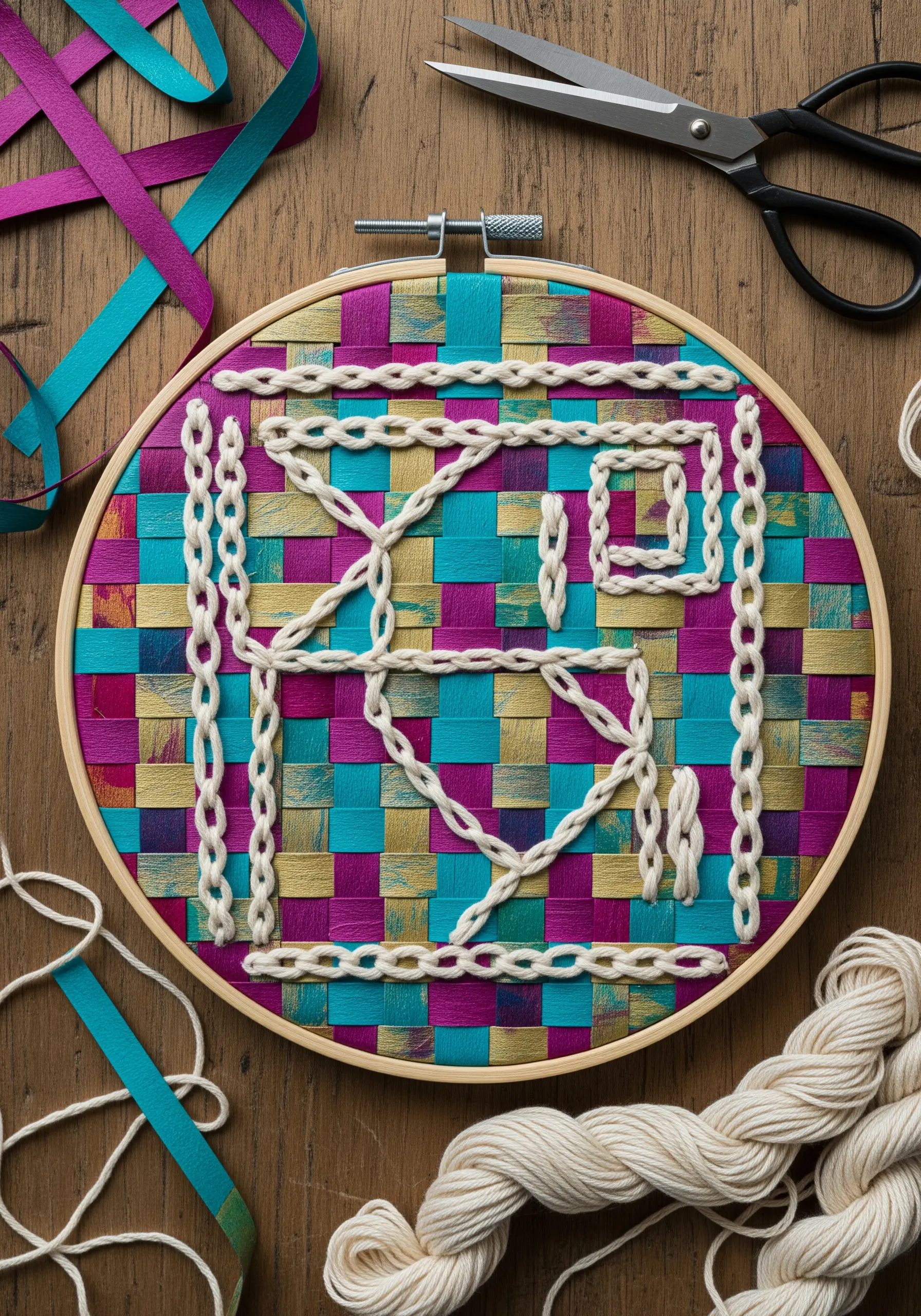 Woven paper ribbon background in a hoop with white chain stitch embroidery.