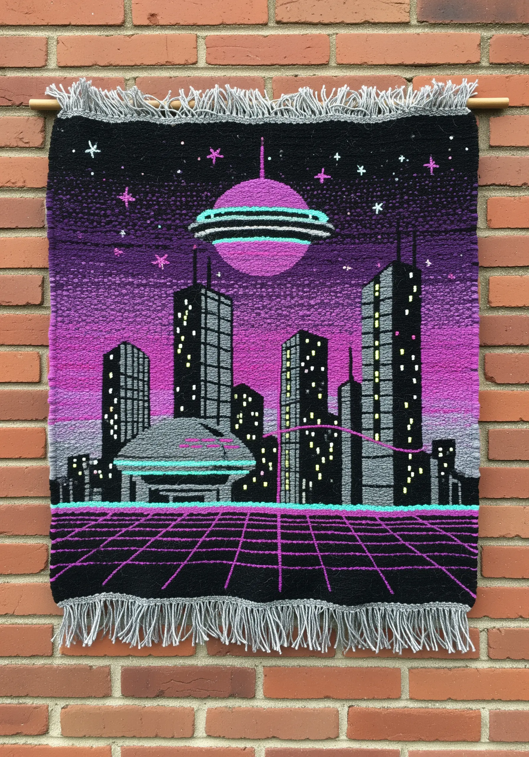 A woven tapestry depicting a futuristic city skyline in purple, black, and teal.