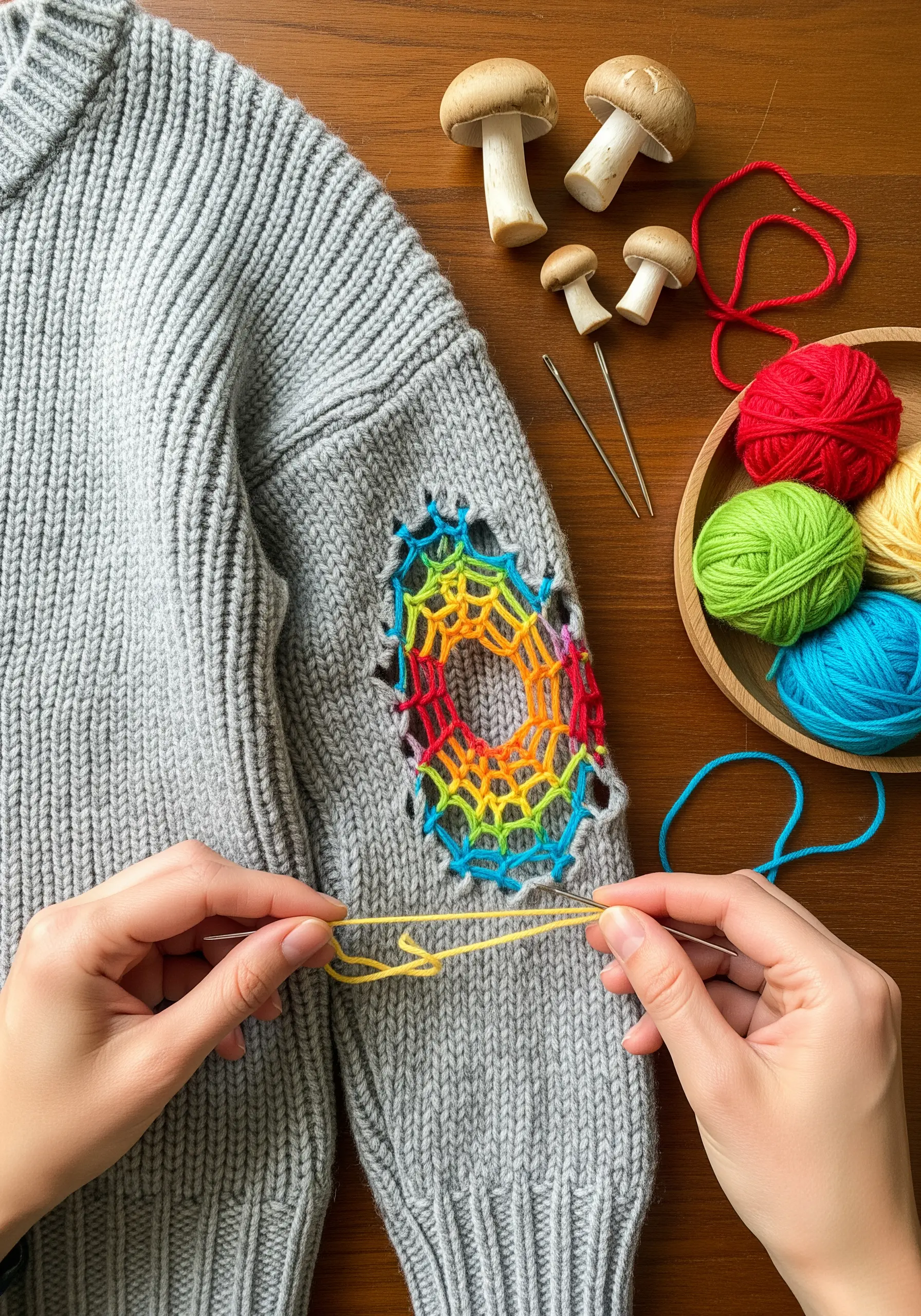Mending a hole in a gray sweater with a colorful, spiderweb-inspired darning stitch.