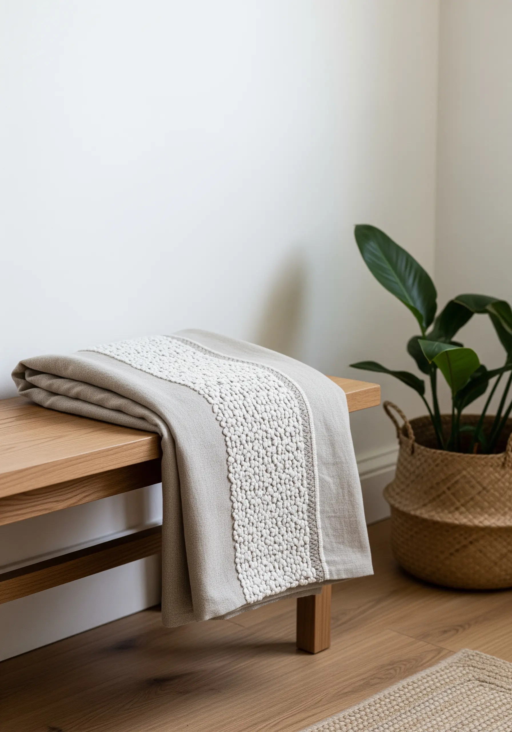 A wide band of dense, white French knots creating a textured panel on a linen throw.