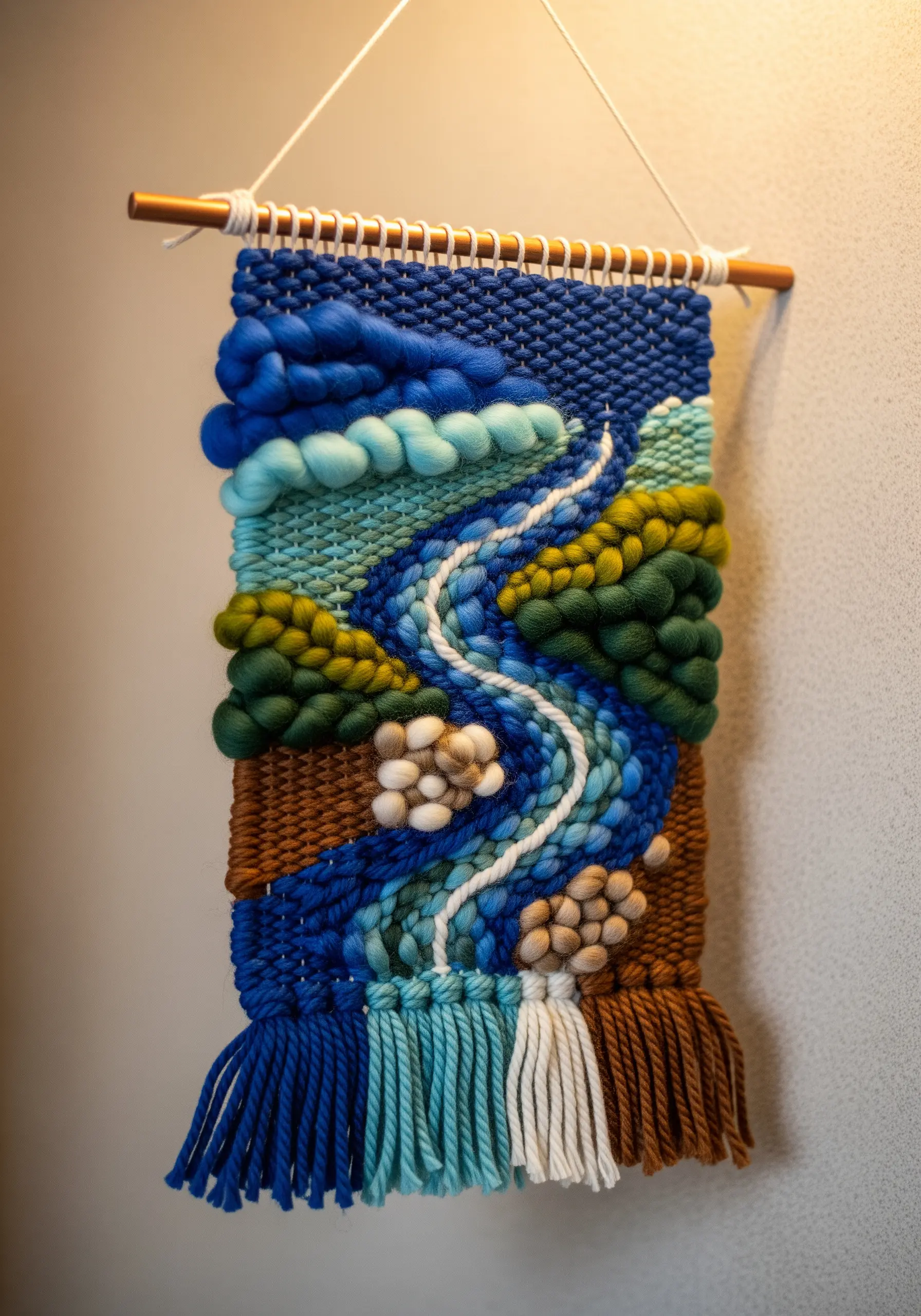 A woven wall tapestry depicting an abstract landscape with a river and hills