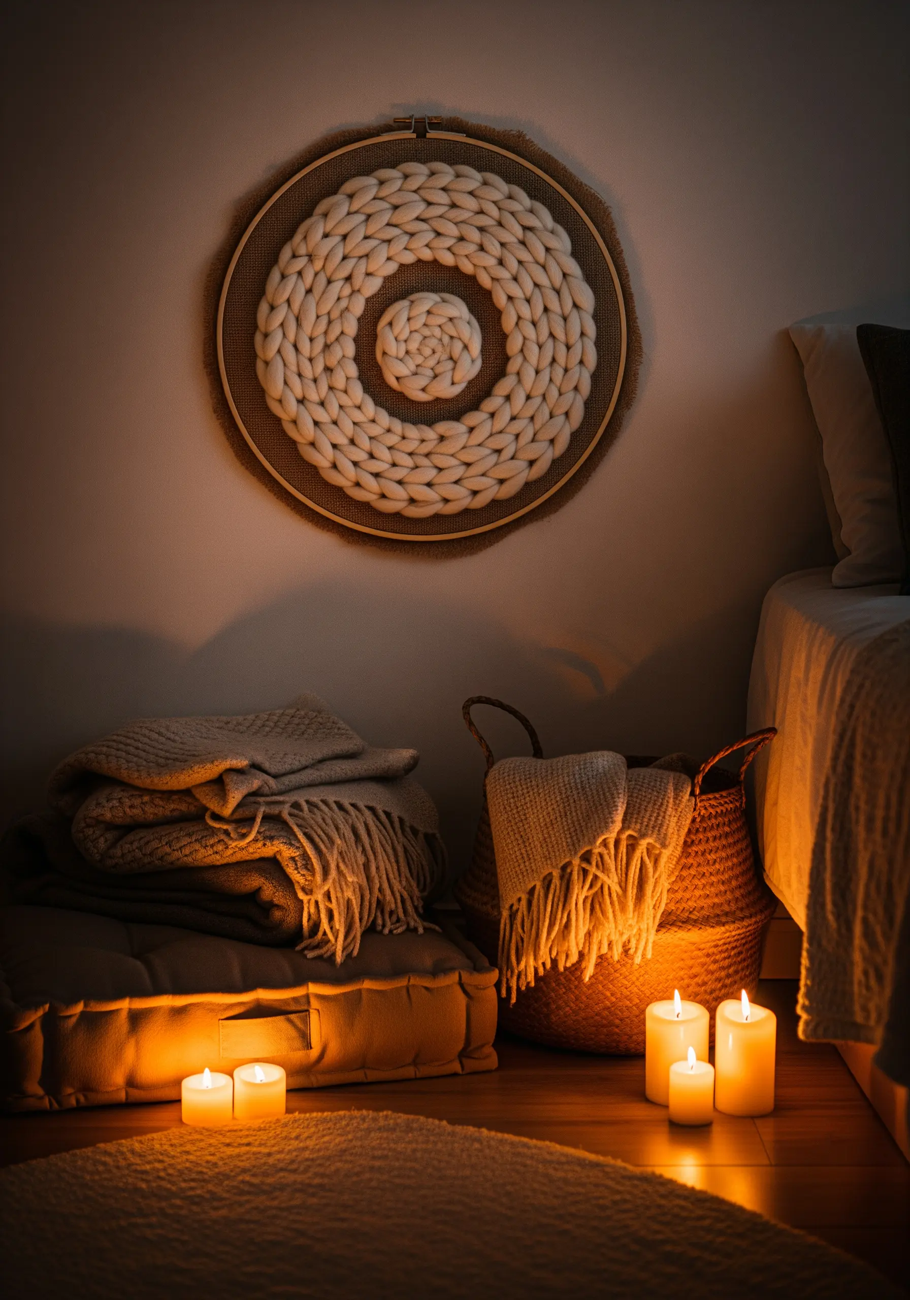 A woven wall hanging made with chunky white wool inside a large embroidery hoop.