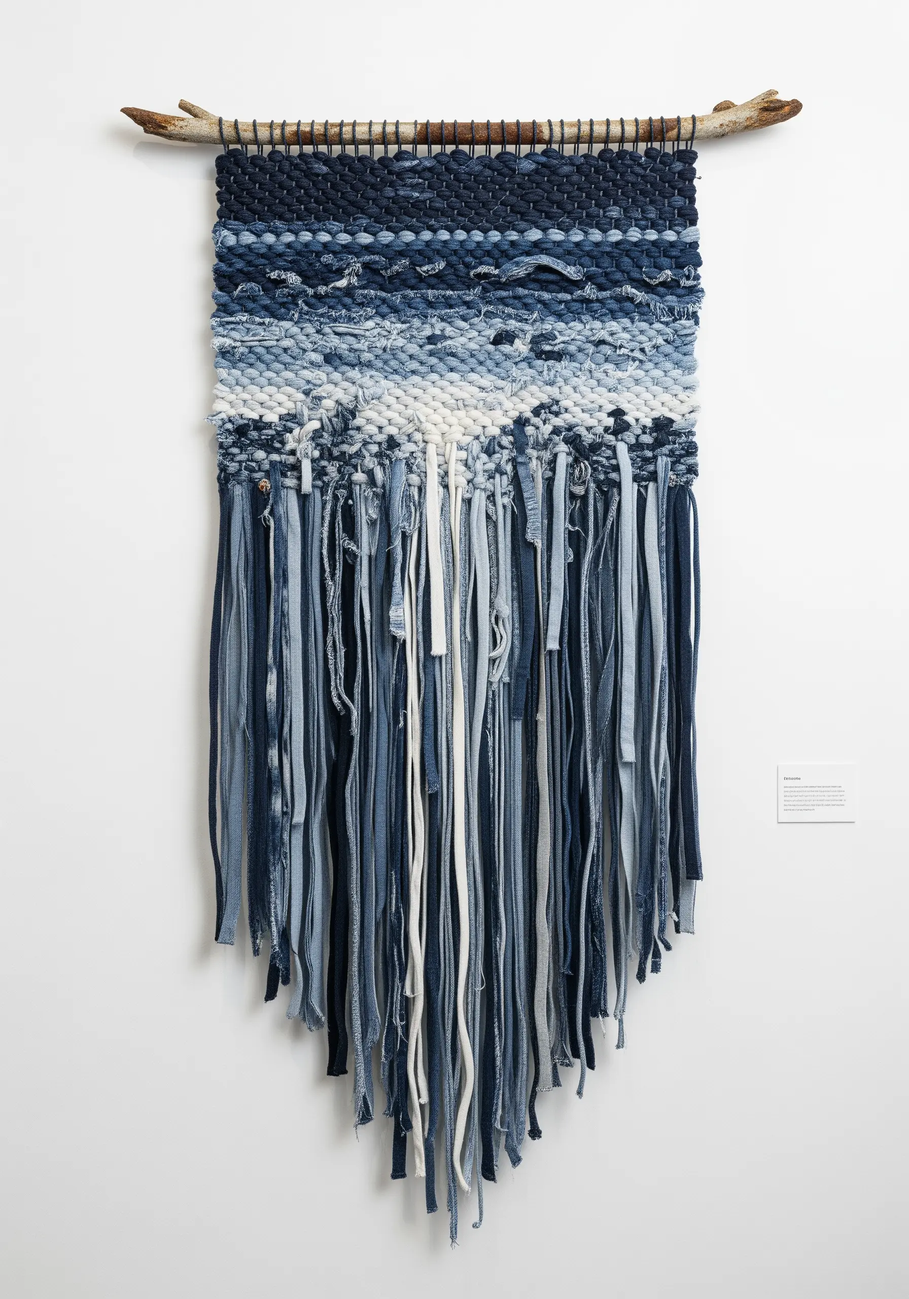 A woven wall hanging made from strips of blue and white denim, evoking an abstract ocean scene.