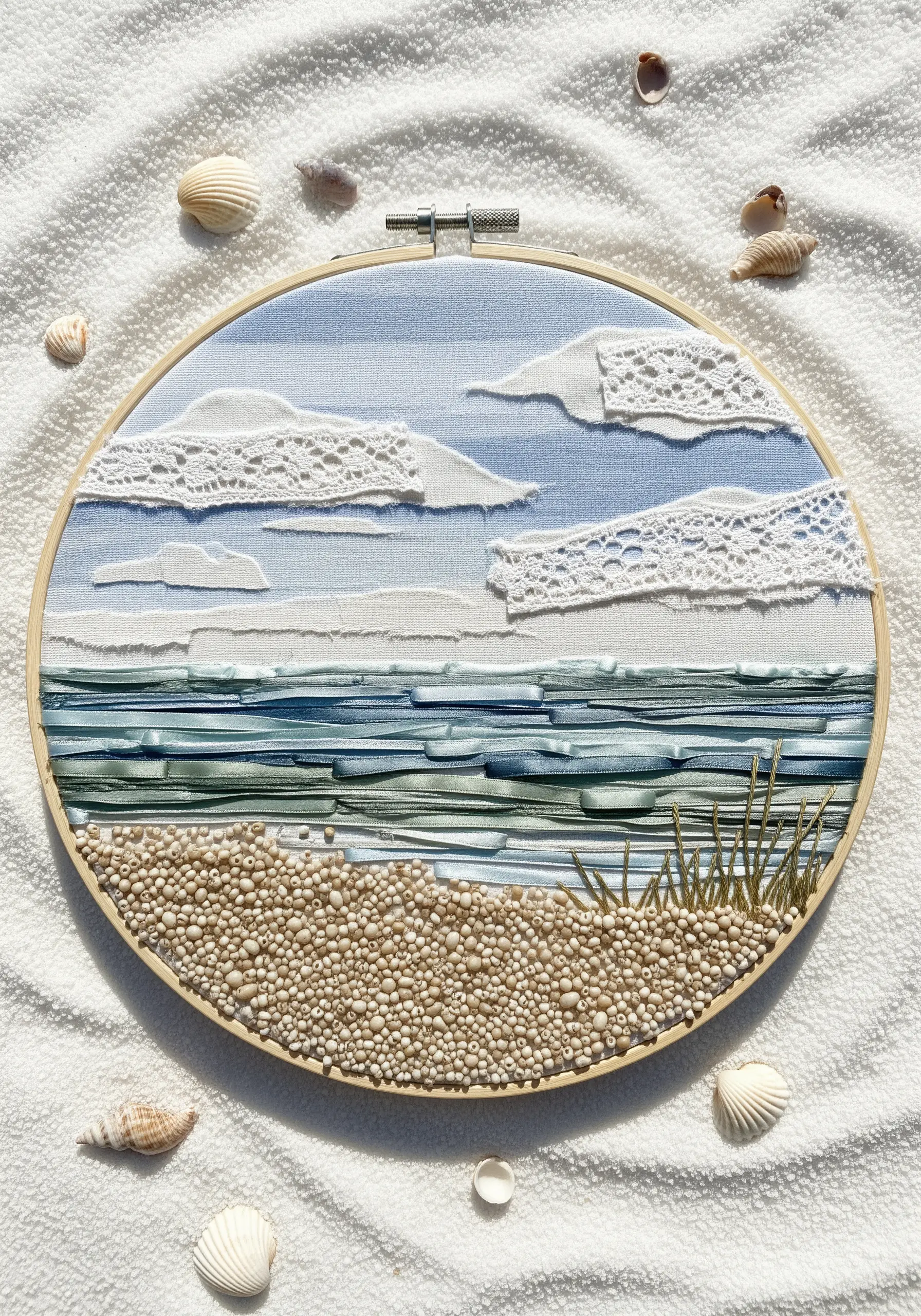 Hoop art seascape with ribbon for water, seed beads for sand, and lace for clouds.
