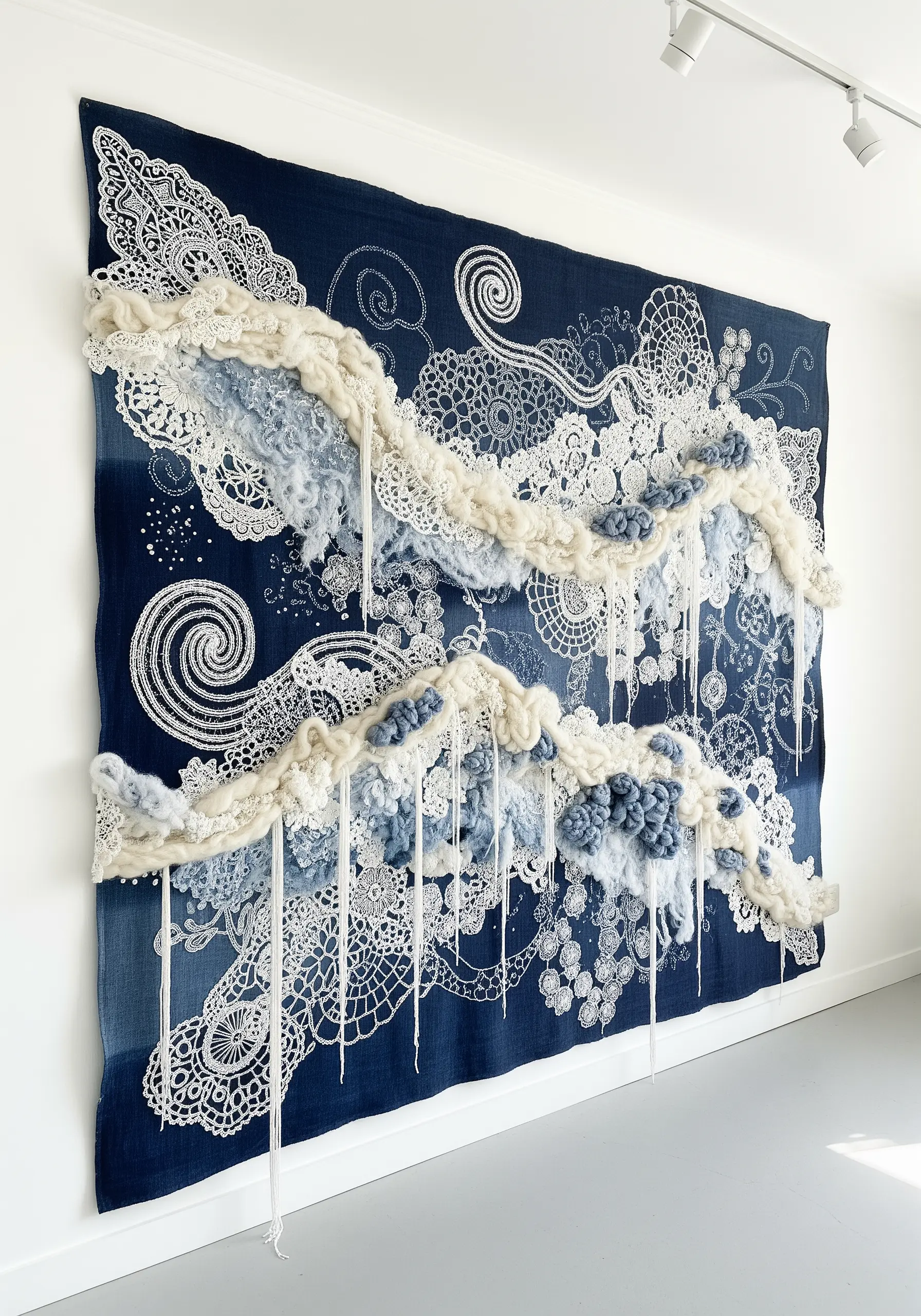 A large-scale mixed-media wall tapestry combining white lace, wool roving, and thread on indigo fabric.