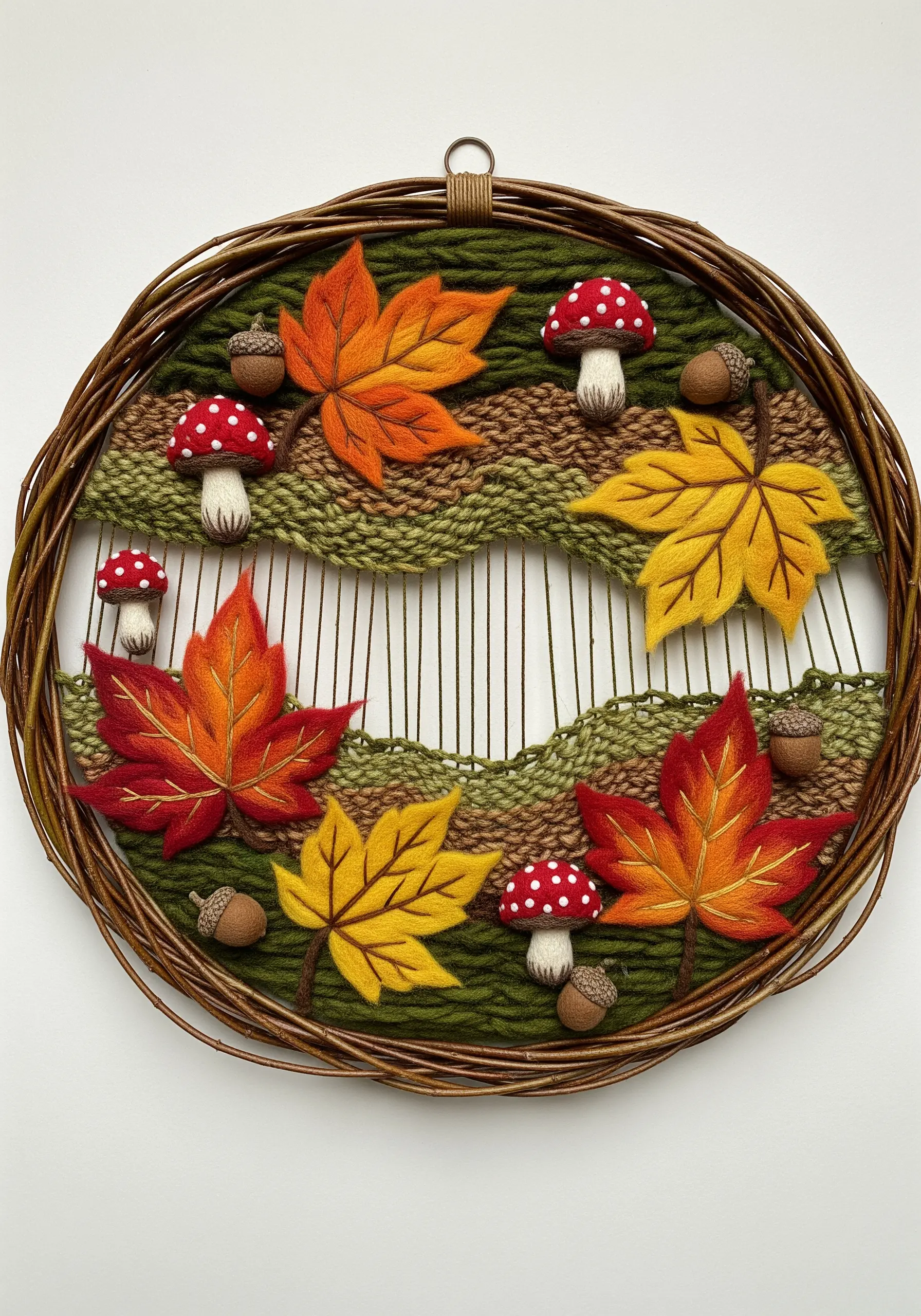 A woven wreath with felted autumn leaves and mushrooms on a grapevine frame.