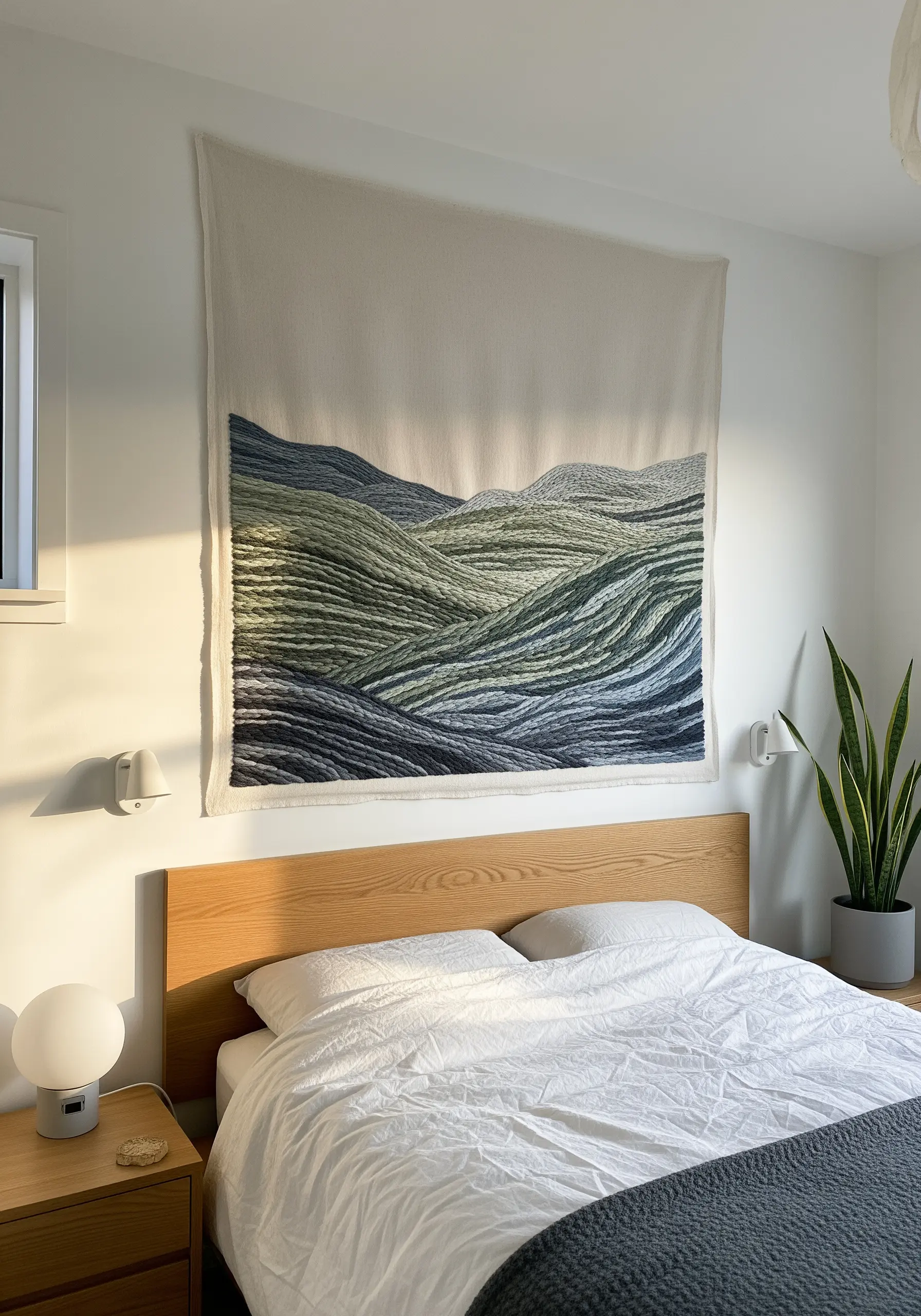 Large textile wall hanging of rolling hills in green and blue hues above a bed
