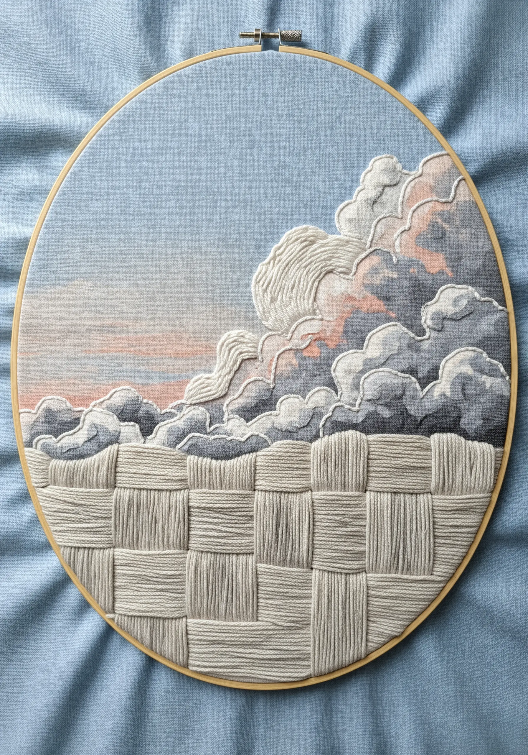 Embroidery of clouds with a foreground of thick, woven yarn creating a basket-weave texture.