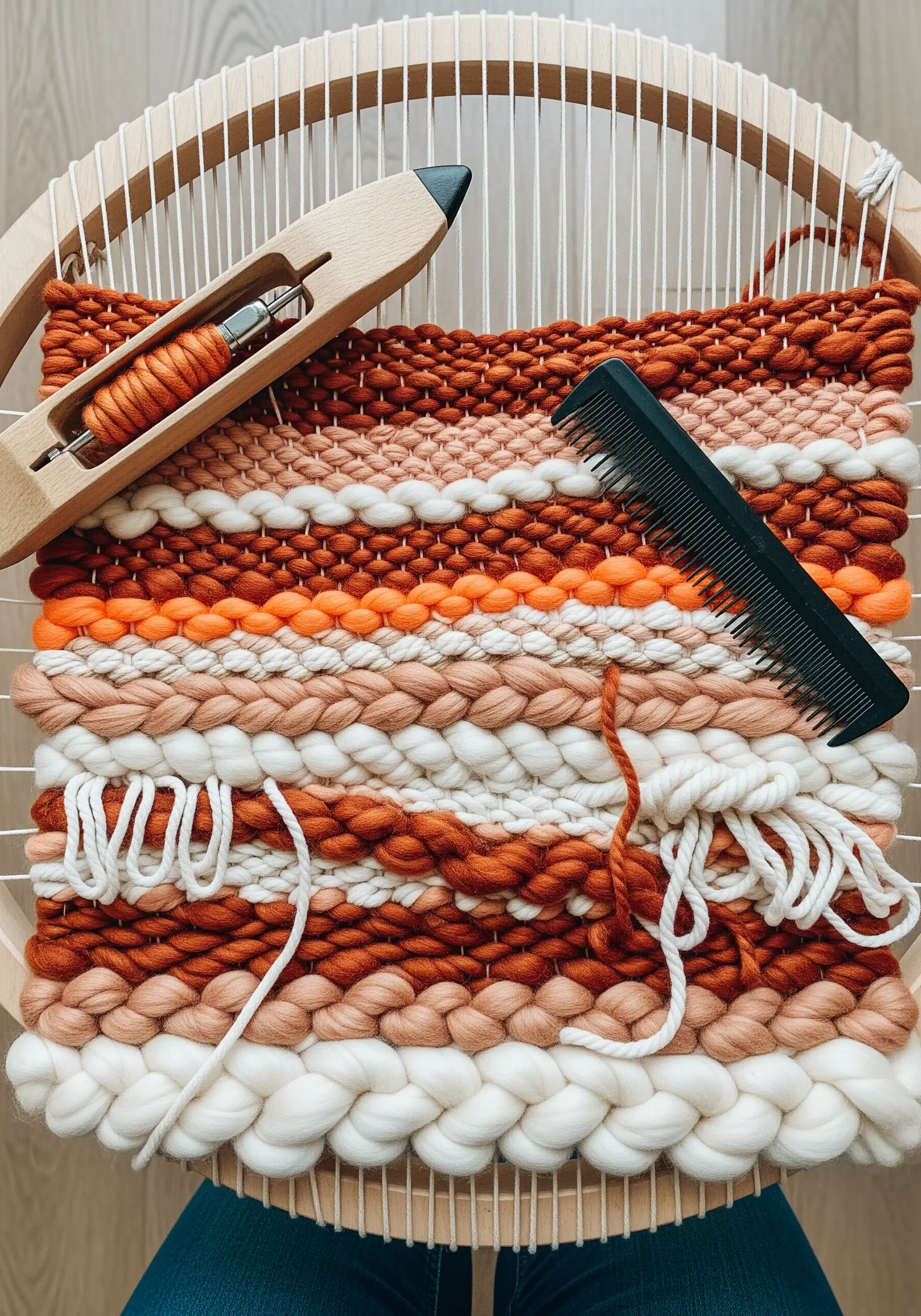 A small weaving on a circular loom, featuring thick yarns and braids in earthy tones.