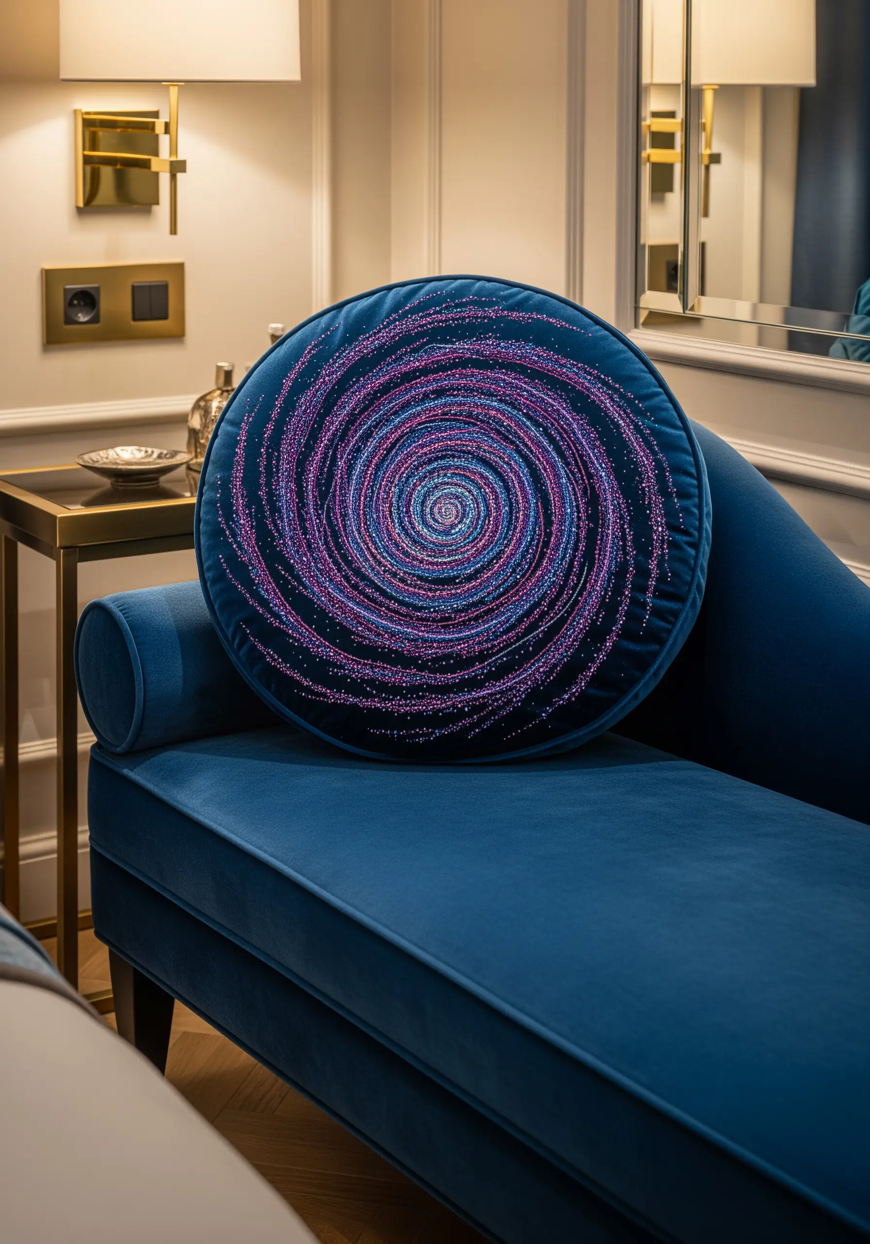 A round velvet cushion with a swirling galaxy embroidered in textured pink and purple French knots.