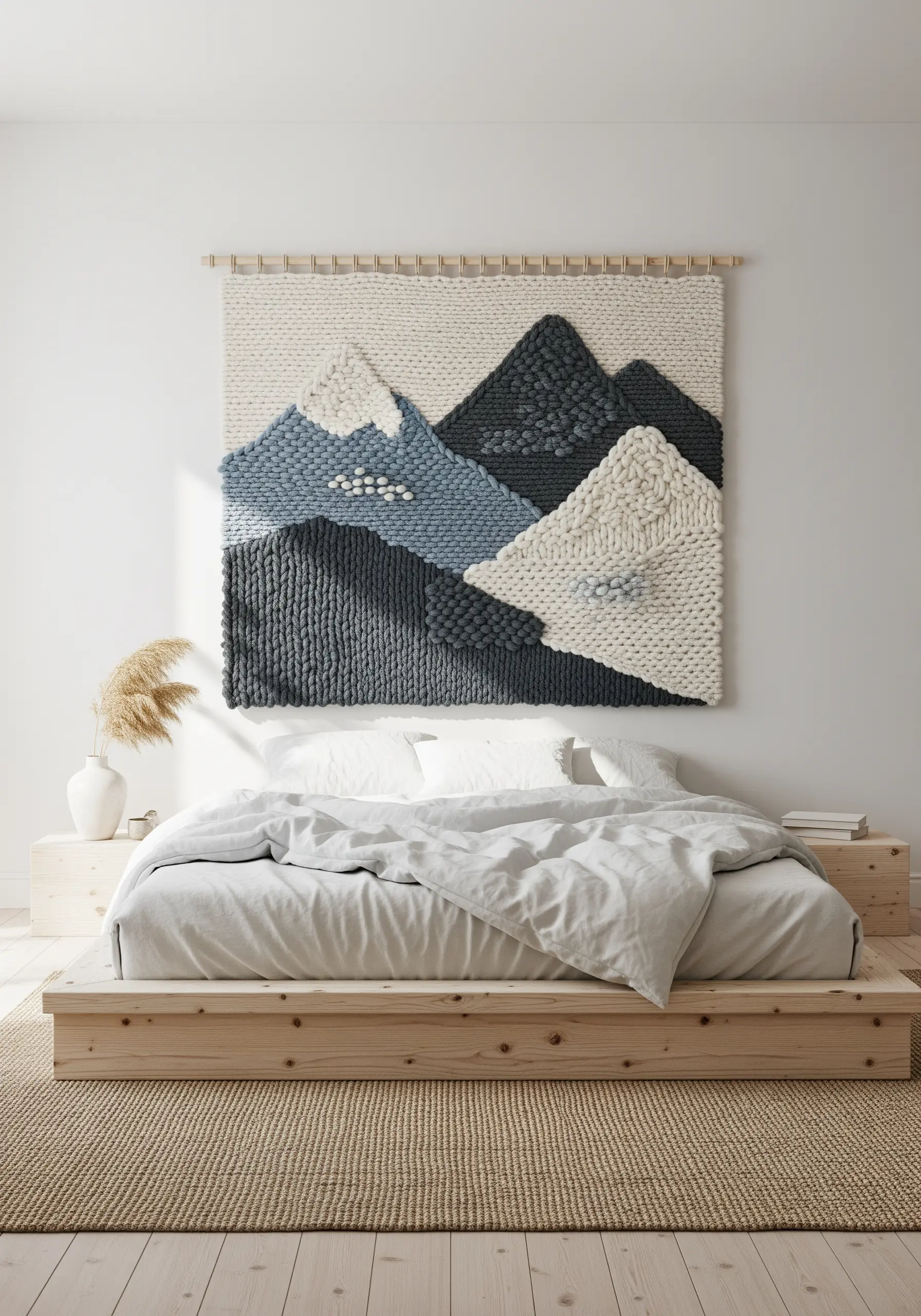 A large woven wall hanging of mountains made with chunky yarn above a bed.