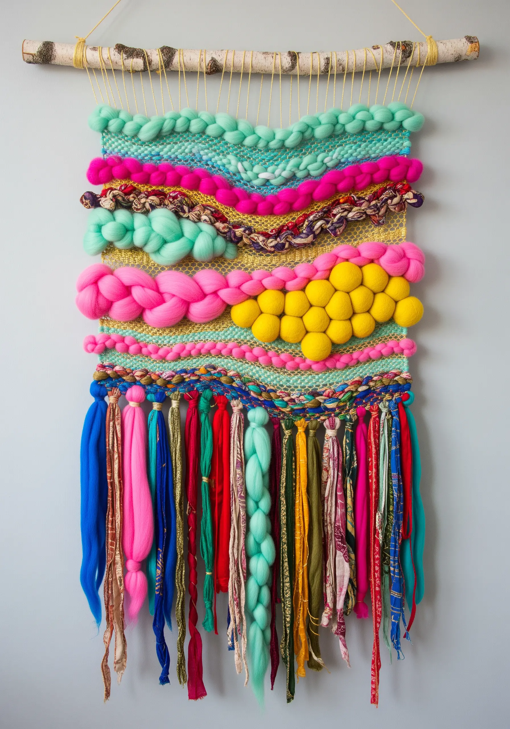 Colorful woven wall hanging with chunky yarn, braids, and long tassels on a birch branch.