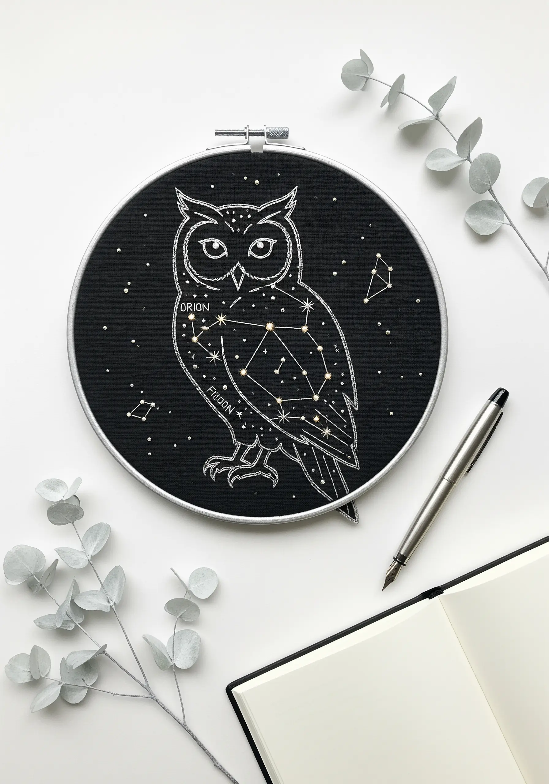 Minimalist black hoop with an owl outlined in white thread, with constellations mapped on its body.