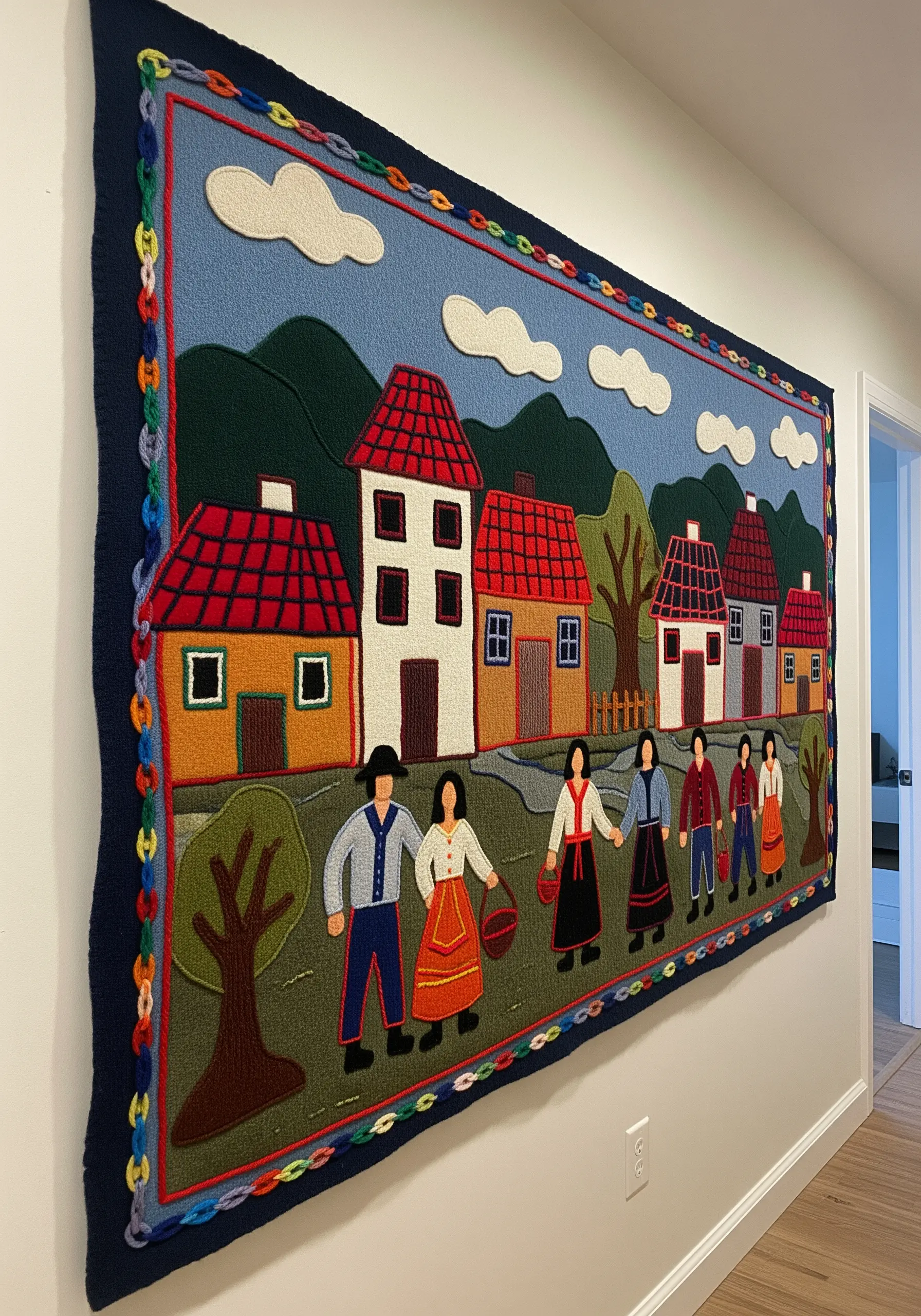 A large, colorful folk art tapestry depicting a village scene on a white wall