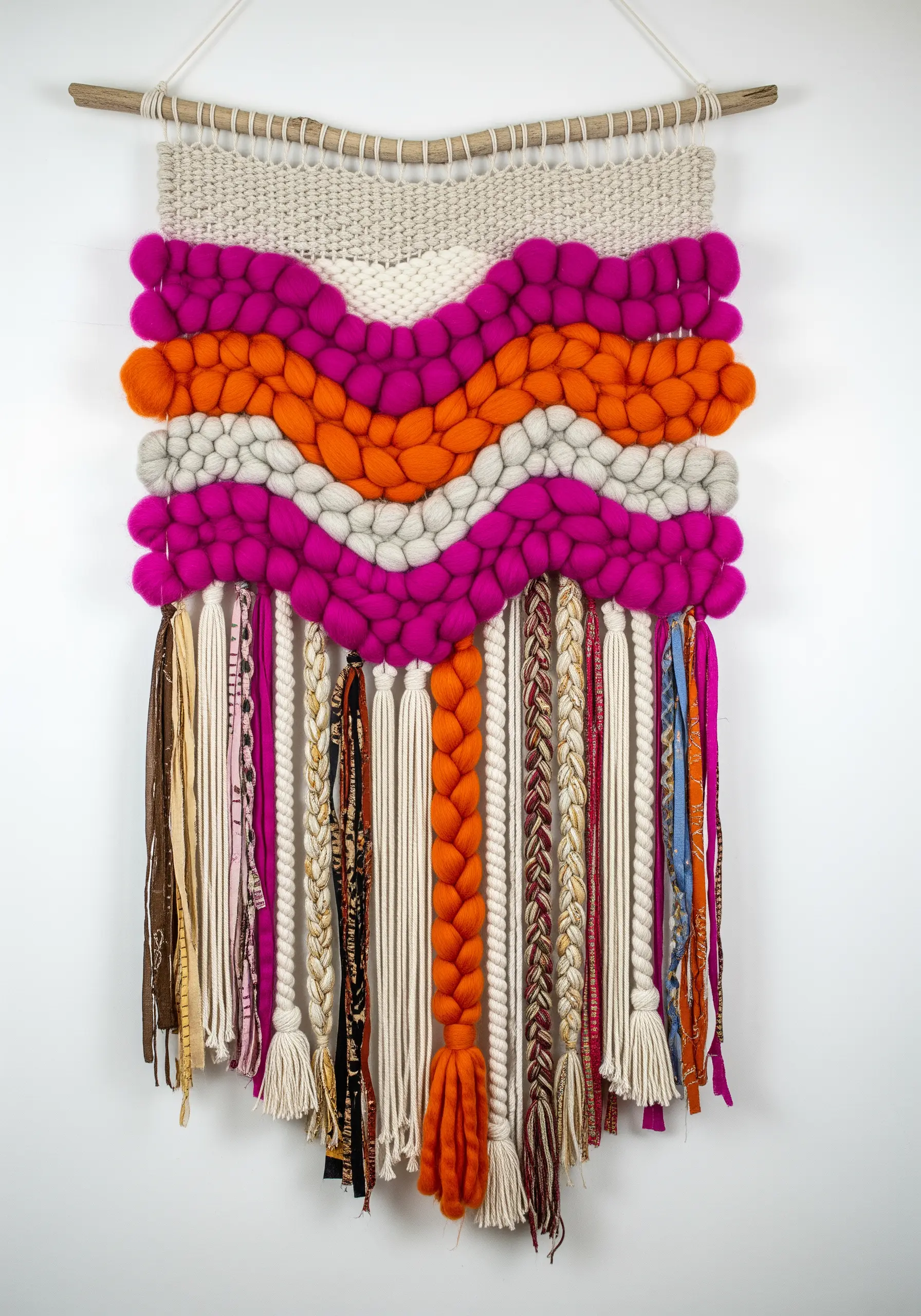 Woven wall hanging with chunky pink and orange roving, braids, and fabric strips.