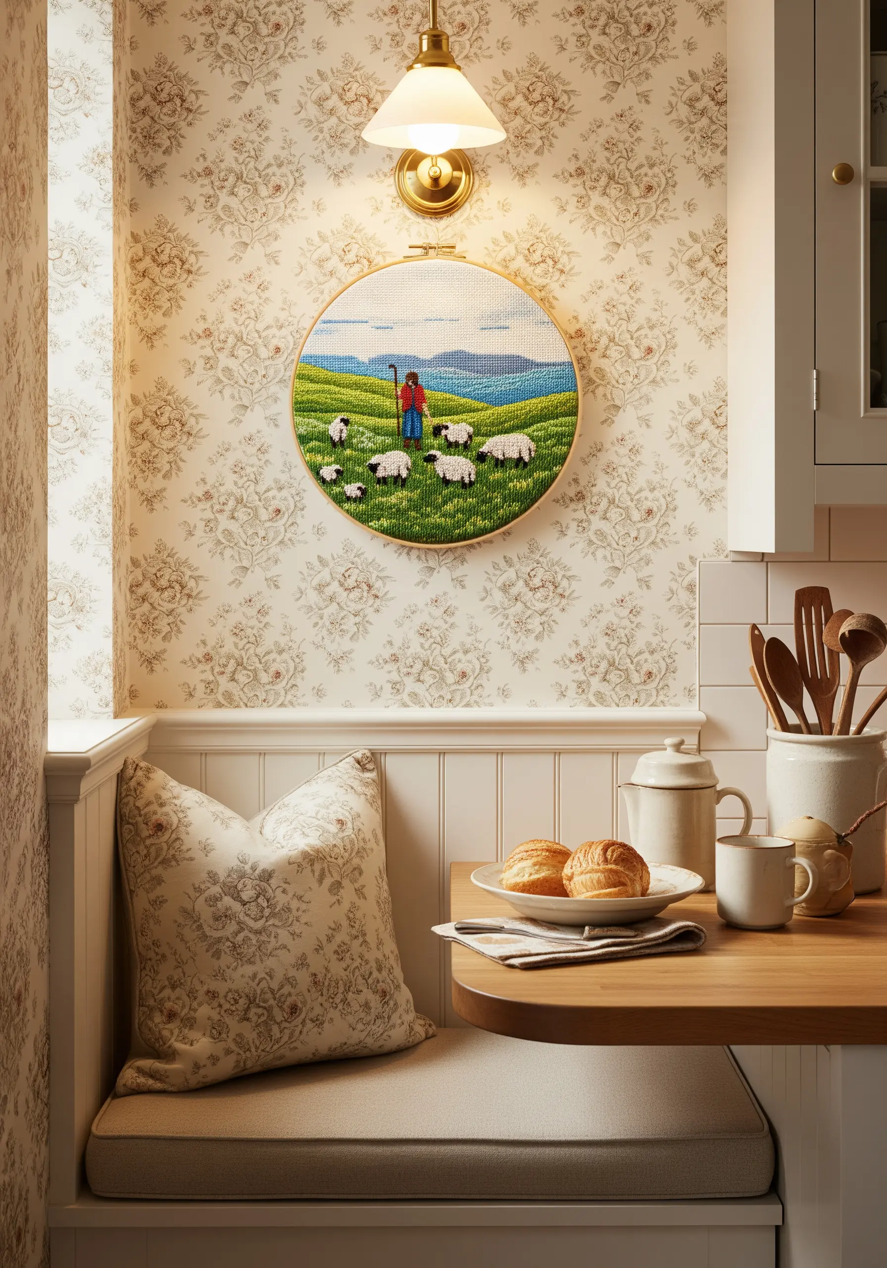 A round, fully stitched embroidery of a shepherd and sheep, hanging in a cozy kitchen corner.