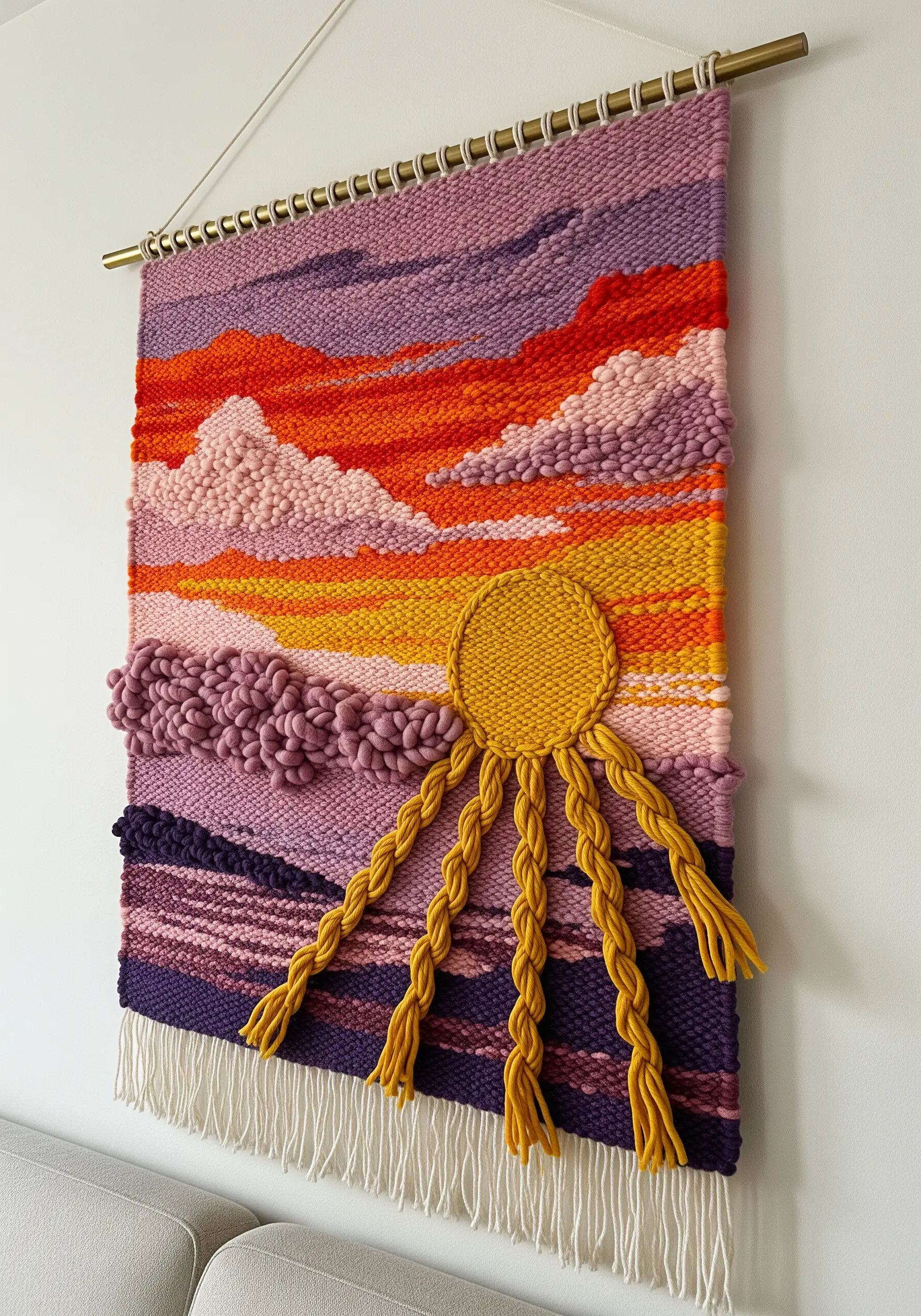 A woven wall hanging depicting a vibrant sunset with textured purple and pink clouds.
