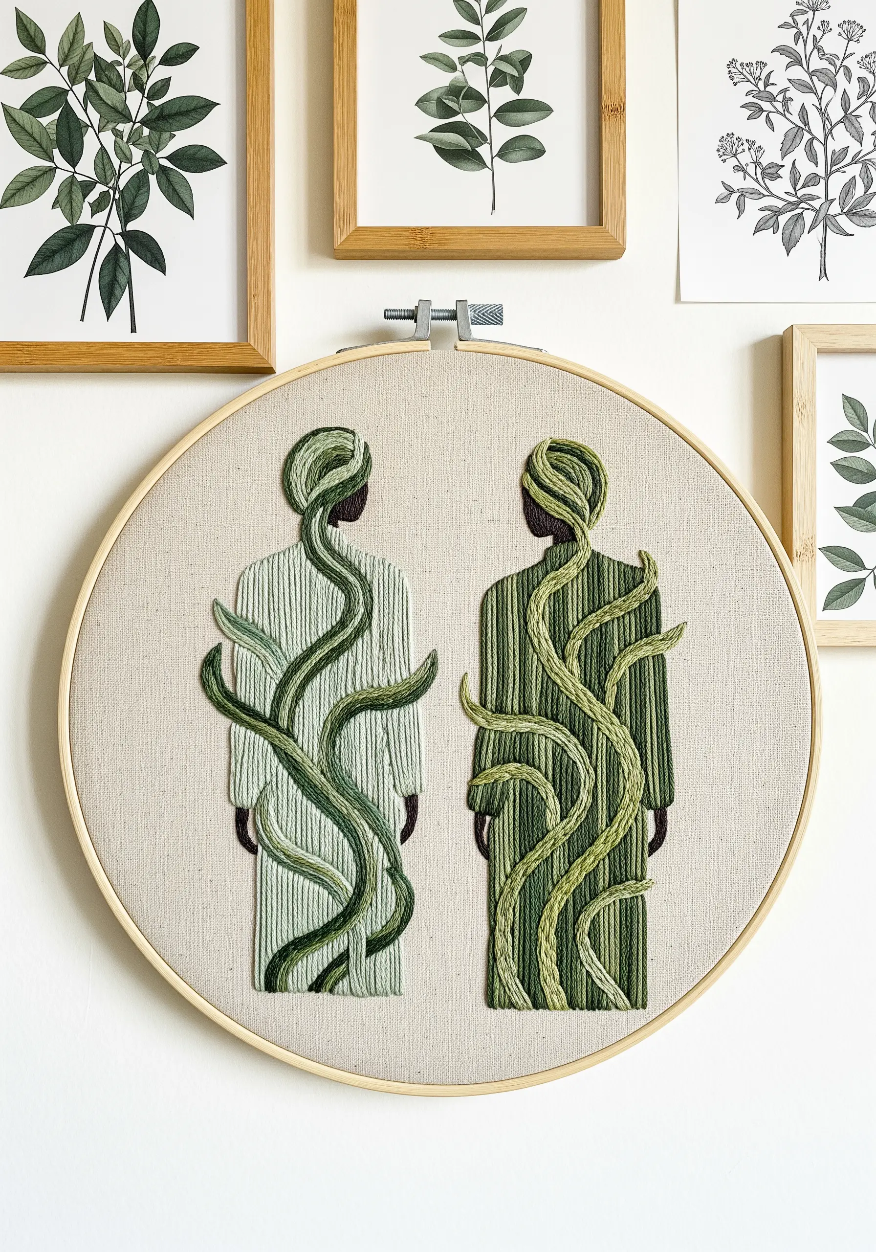 Two figures with green, vine-like embroidery wrapping around their bodies.