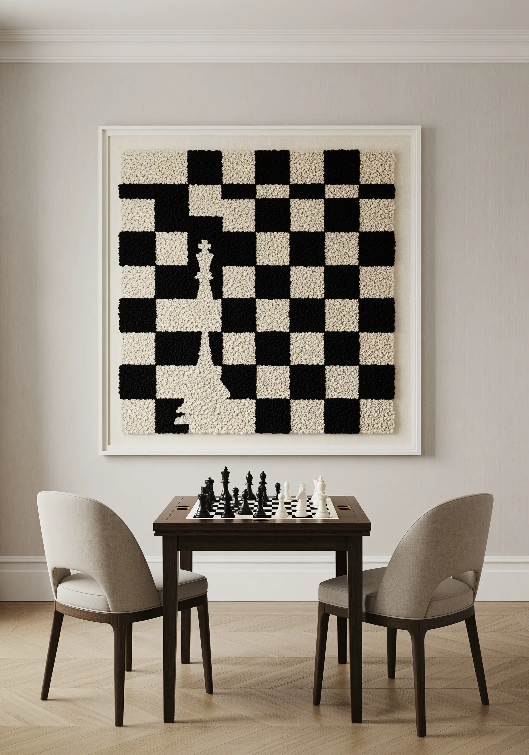 A large, framed punch needle chessboard with the silhouette of a king piece in negative space