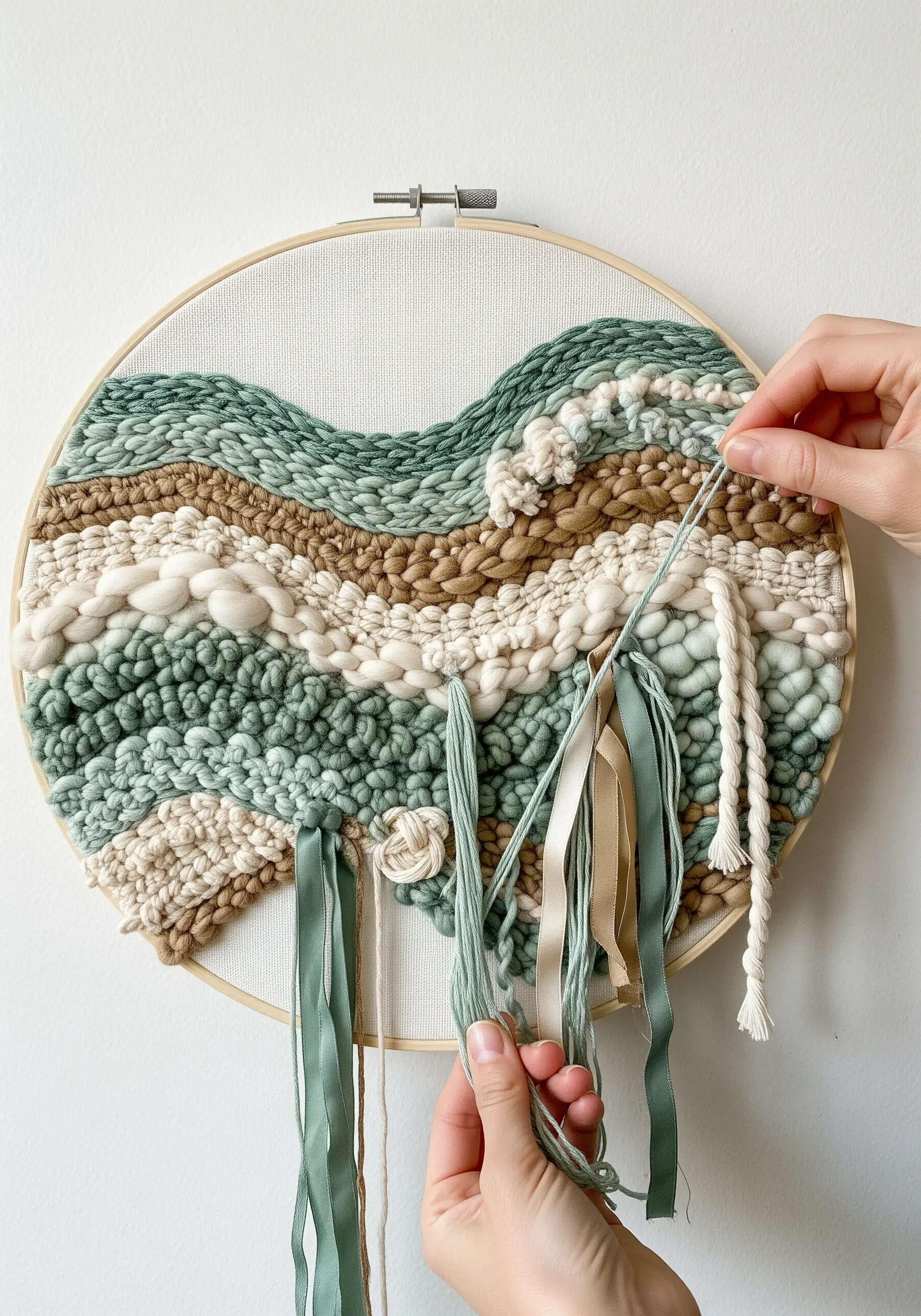 A person weaving a textural landscape with various yarns and ribbons in an embroidery hoop.