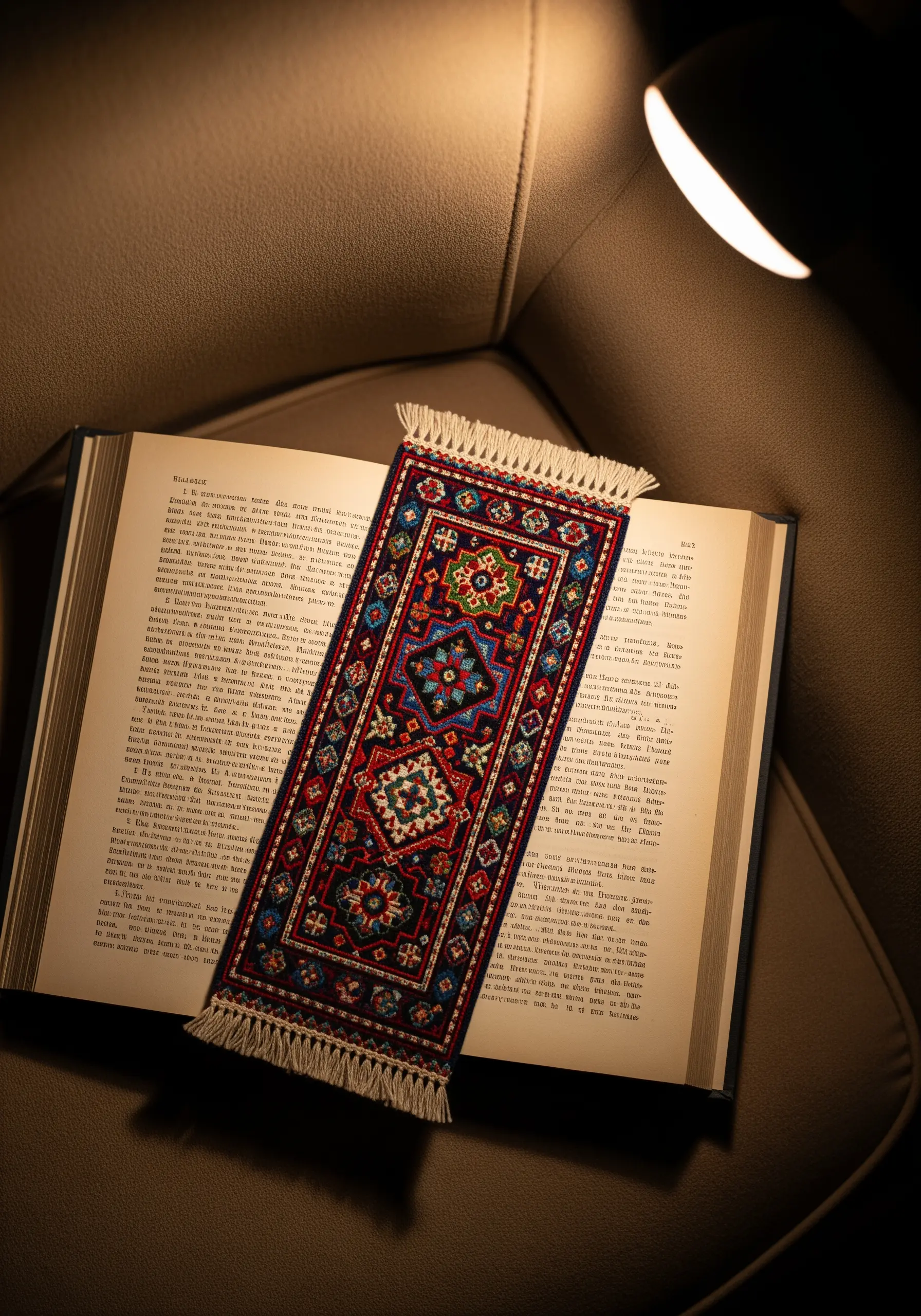 An intricately embroidered bookmark with a geometric, rug-like pattern in jewel tones.