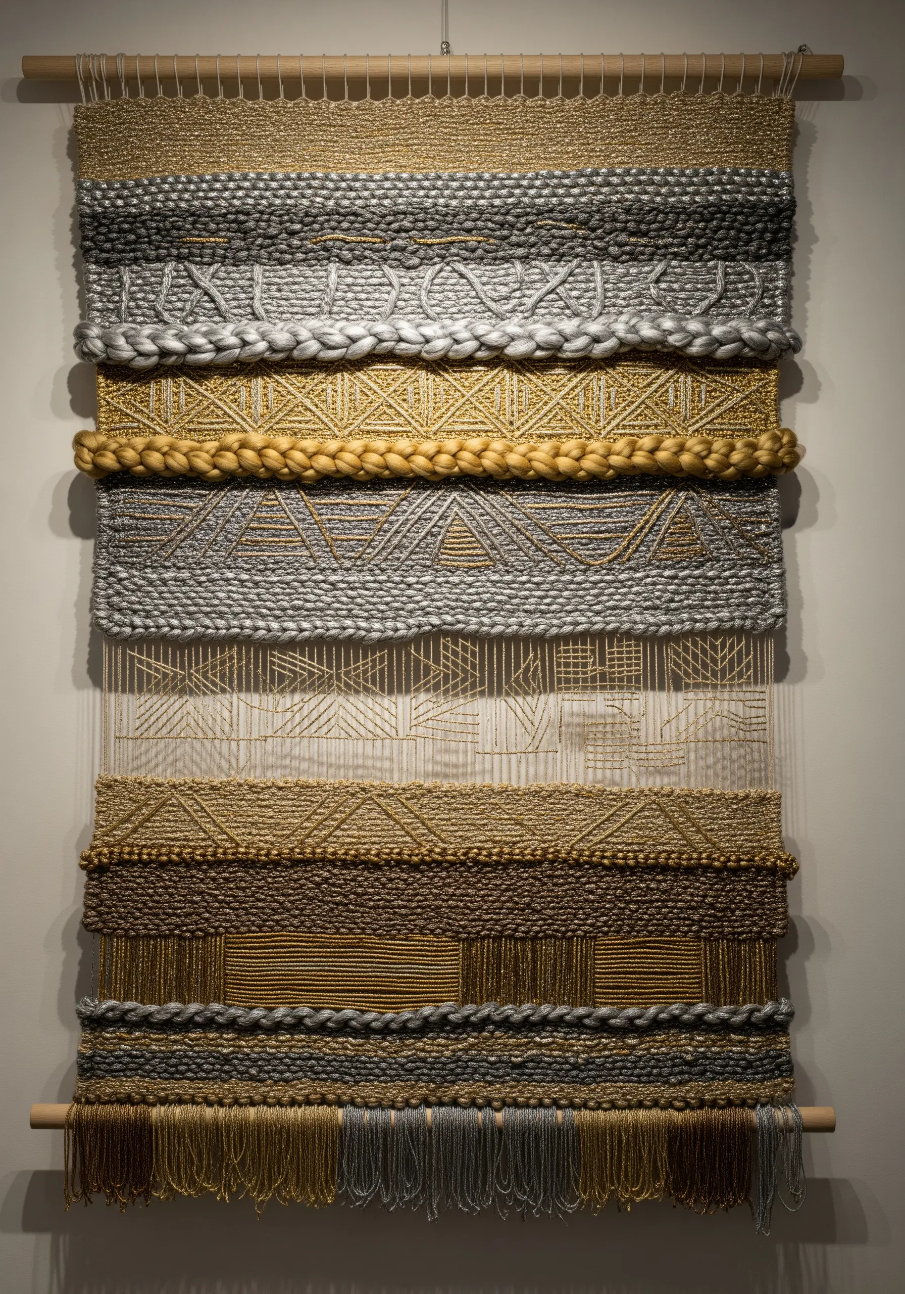 A hand-woven wall hanging with different textures and patterns in gold, silver, and bronze yarns.