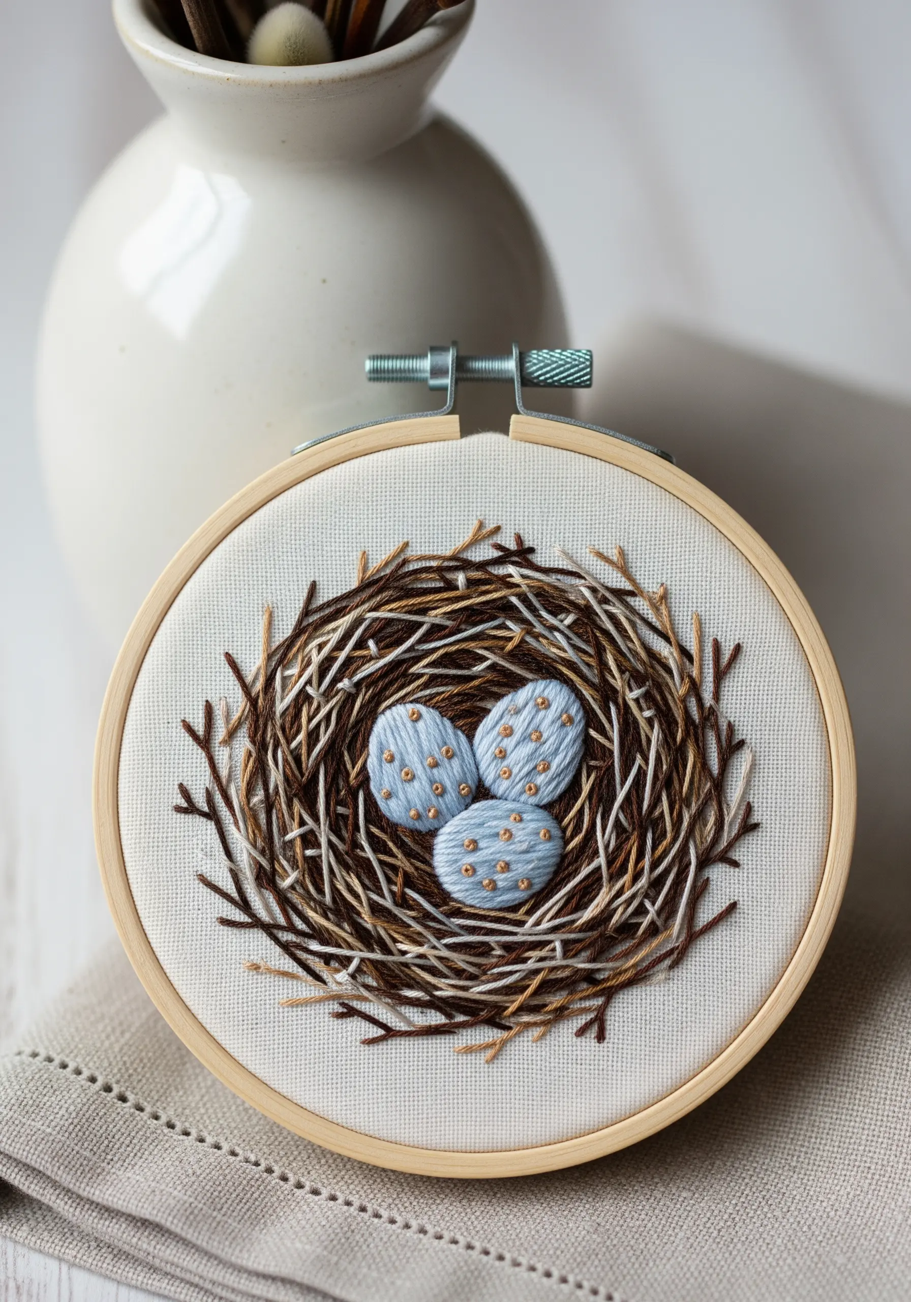 Embroidery hoop art of a bird's nest with three blue eggs, stitched with interwoven threads.