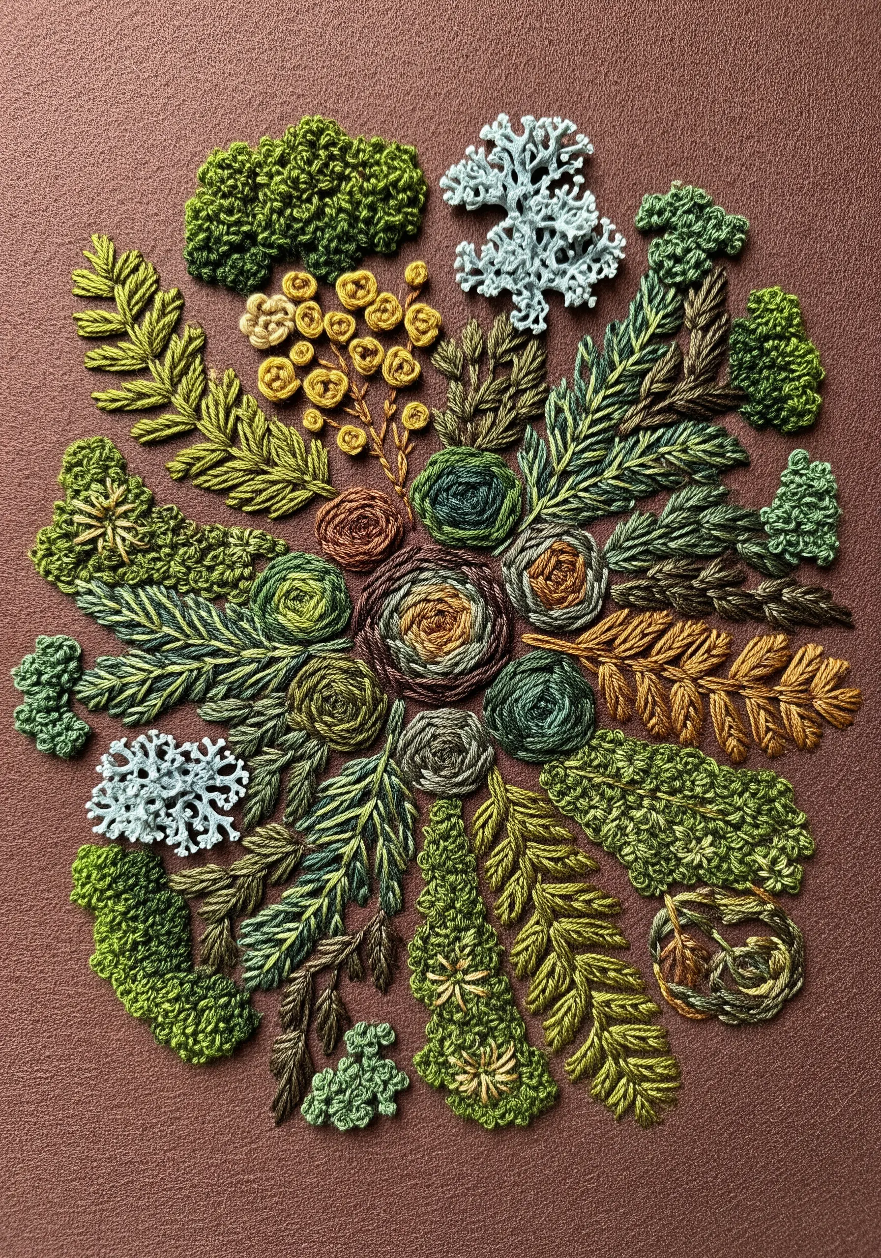 A nature-inspired mandala with varied green textures resembling leaves, moss, and lichen.