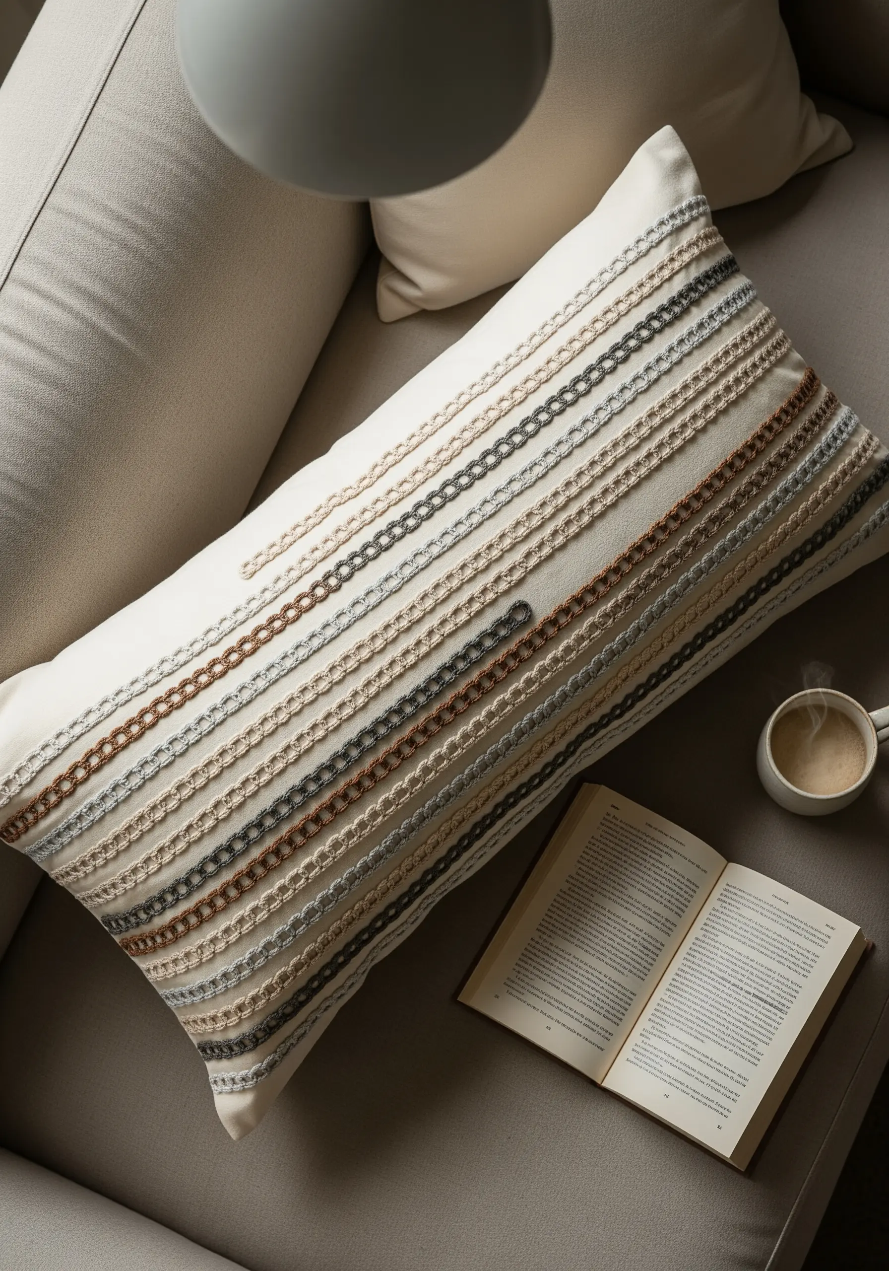 Lumbar pillow with horizontal rows of textured chain stitch variations in neutral tones.