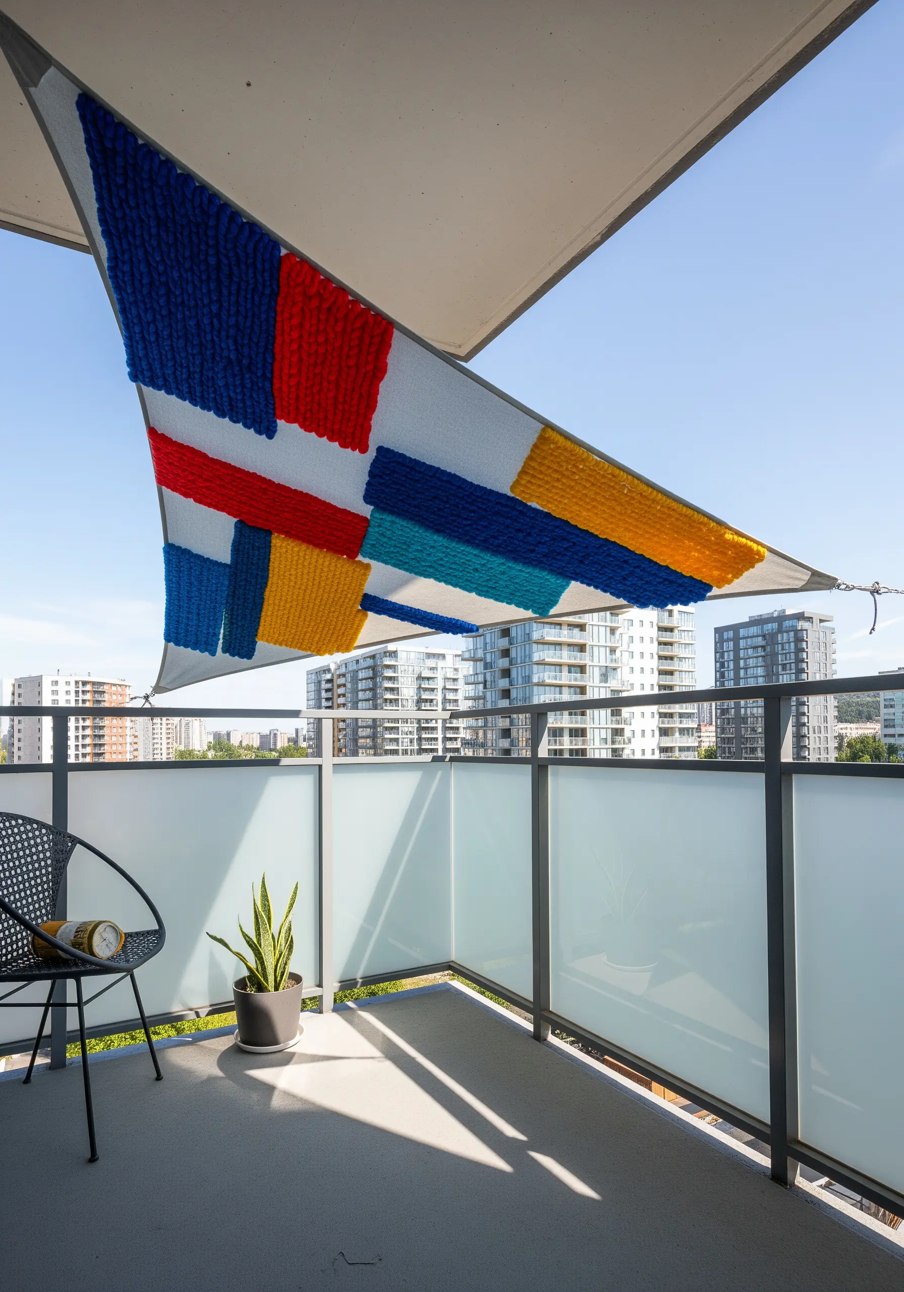 A triangular sun shade decorated with chunky, color-blocked sections of red, blue, and yellow yarn.