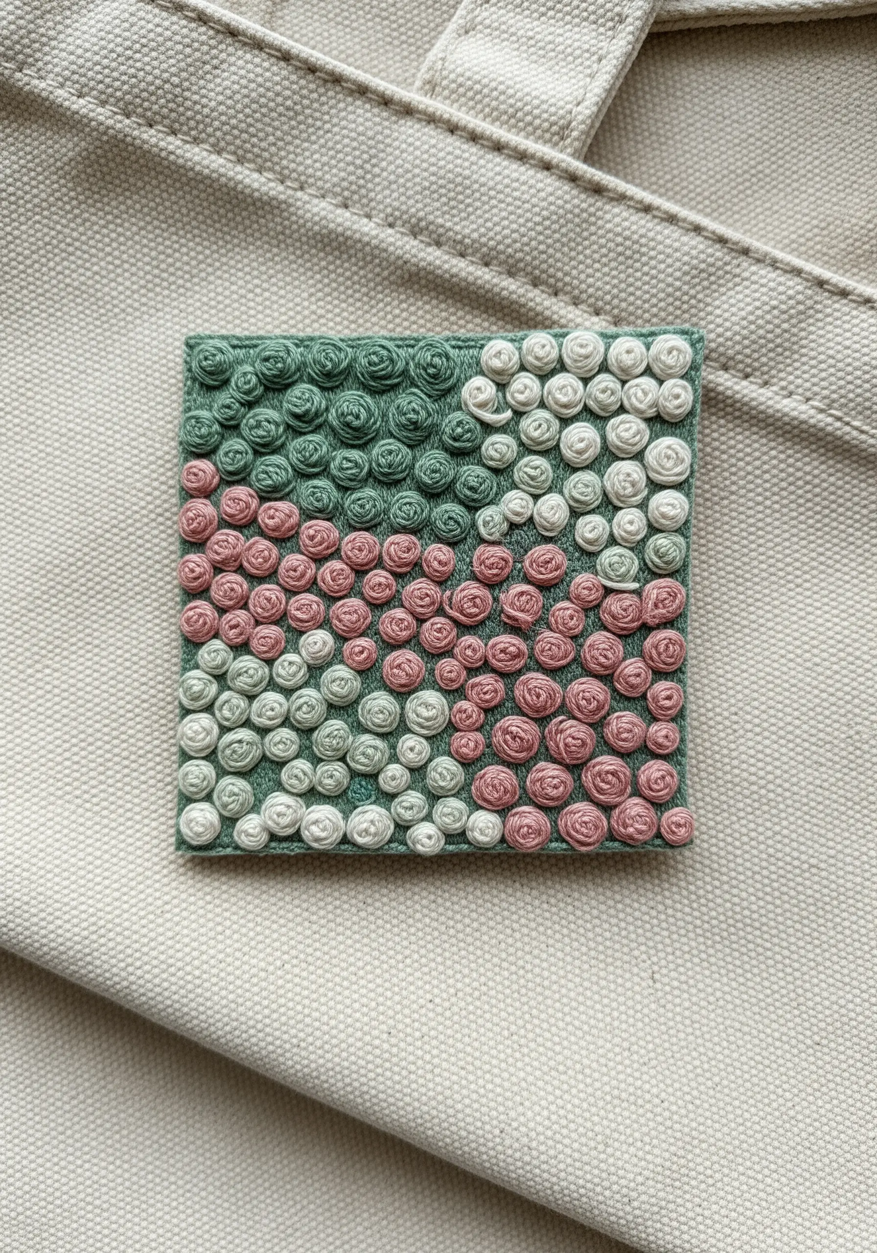 A square patch filled with pink, green, and white bullion knots arranged in a grid pattern.