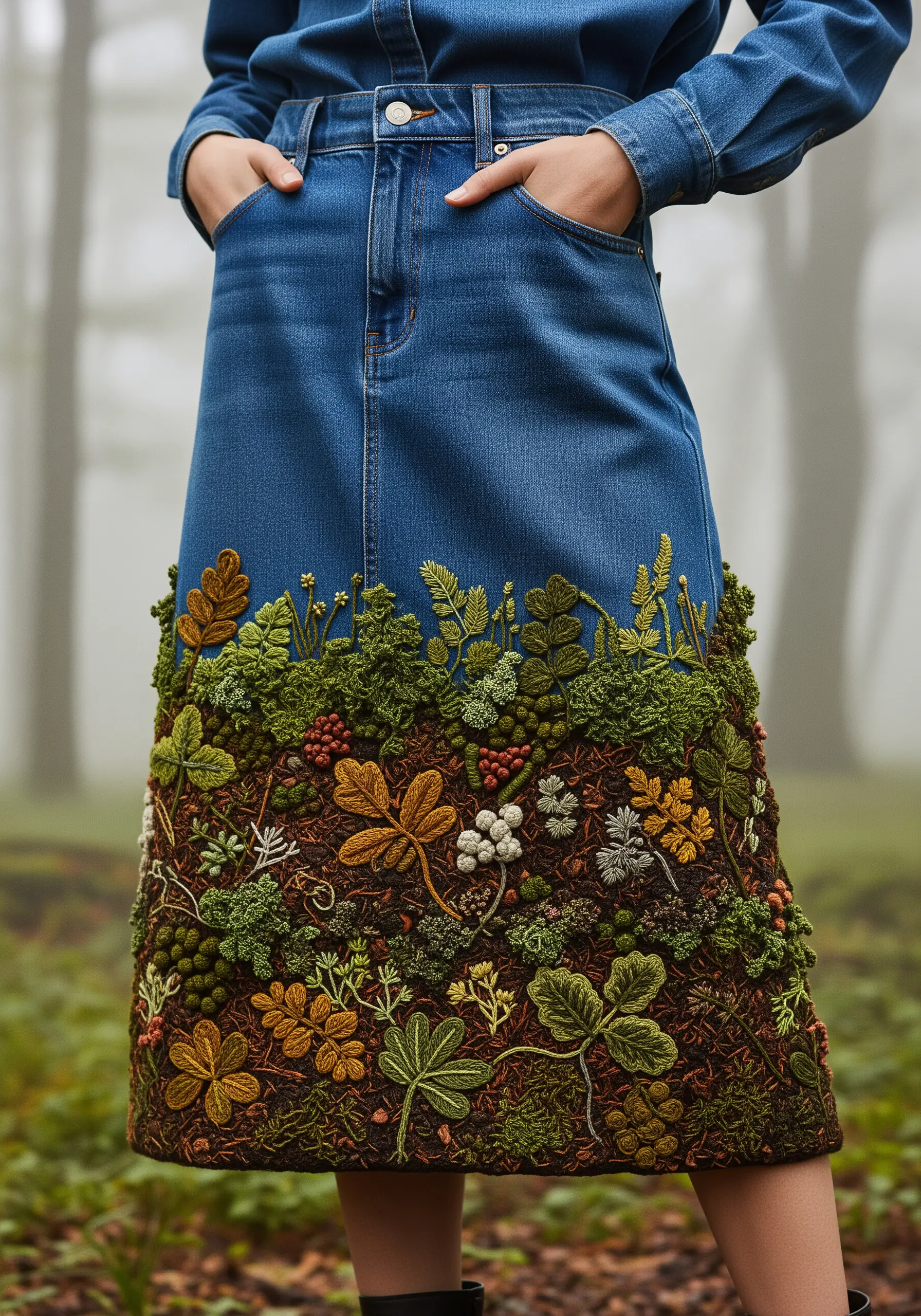 A highly textured, three-dimensional embroidered forest floor on the hem of a denim skirt.