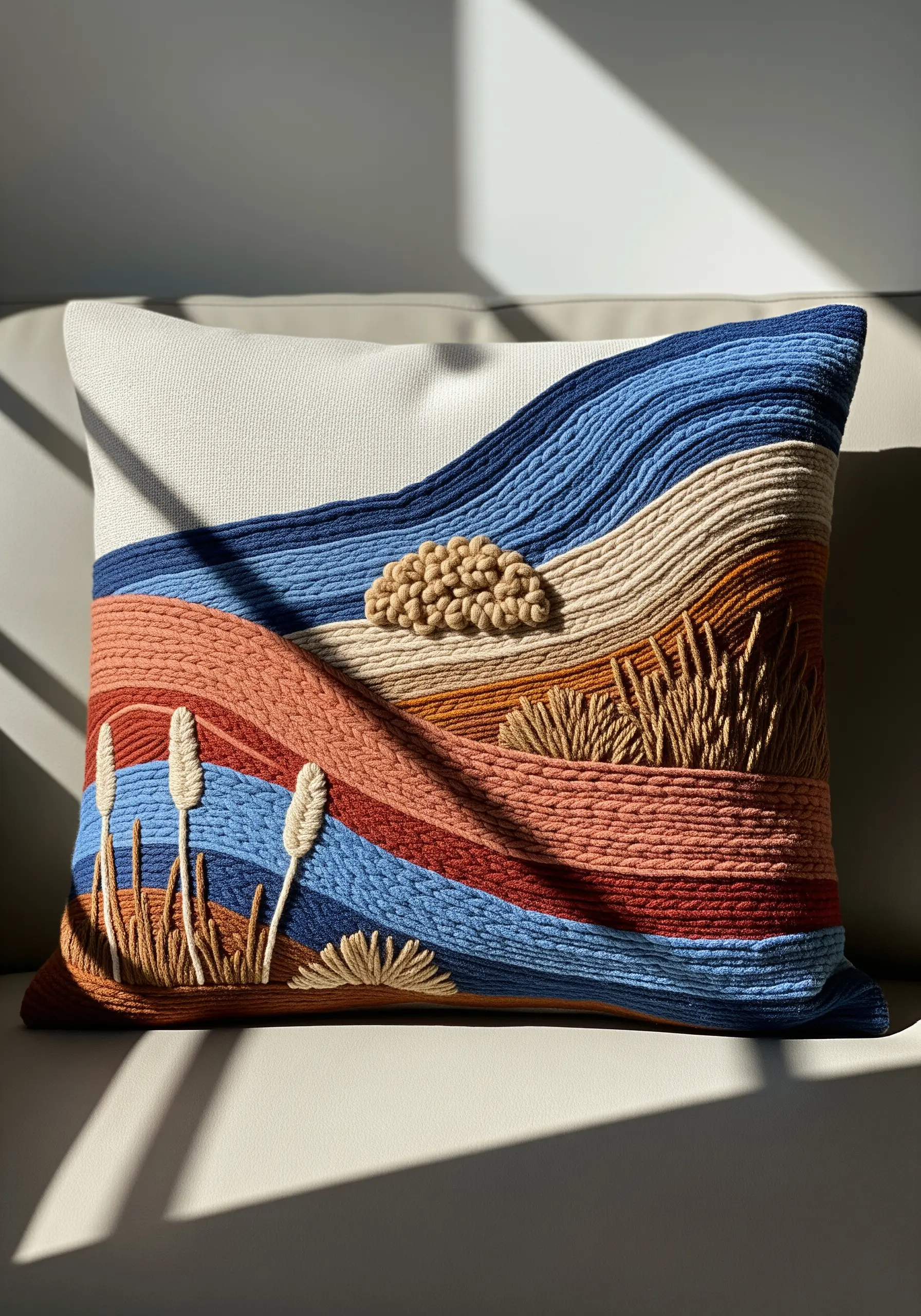 A decorative pillow with an abstract landscape made from couched, colorful thick yarn.