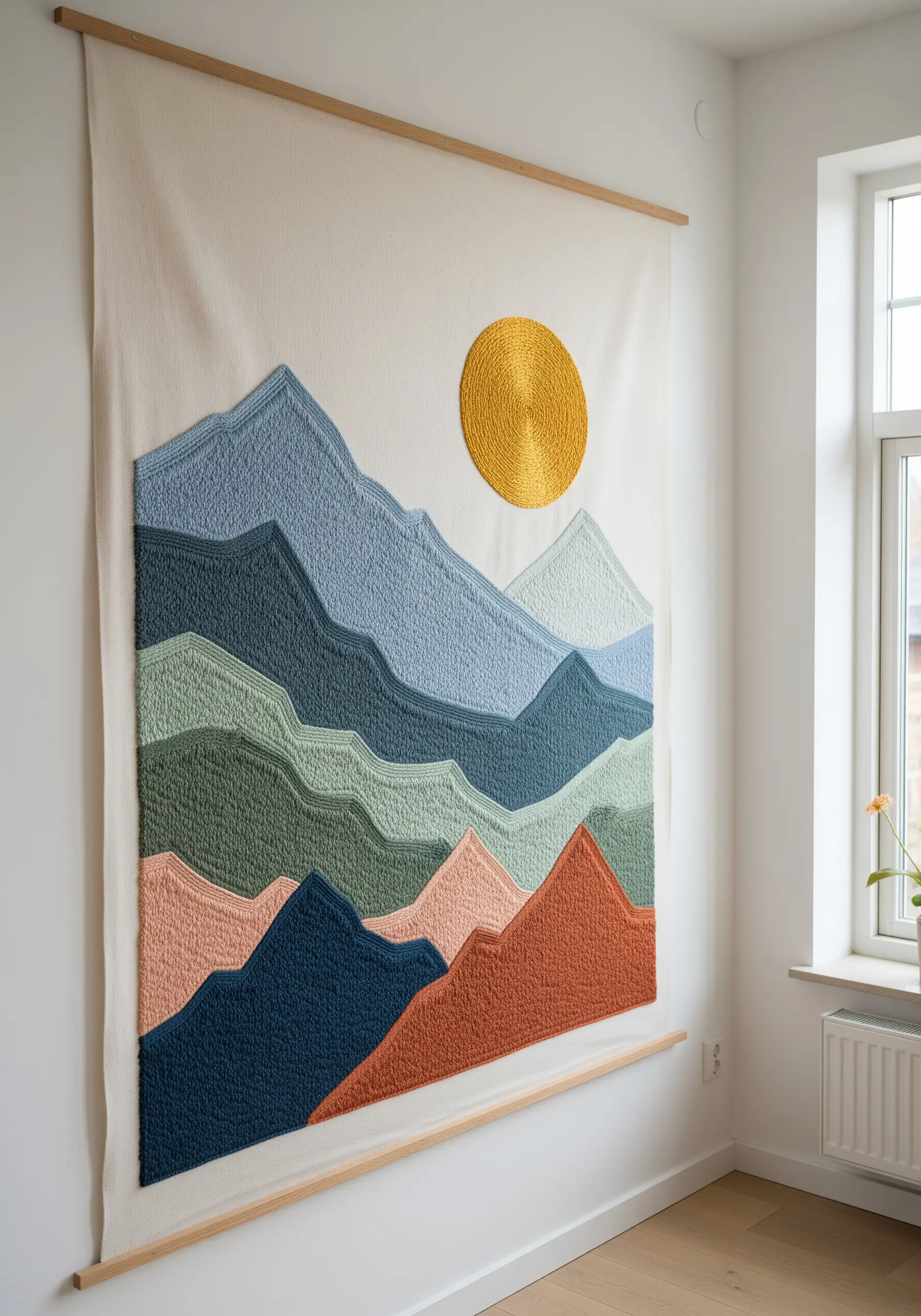 Large embroidered wall tapestry of layered mountains with a golden sun.