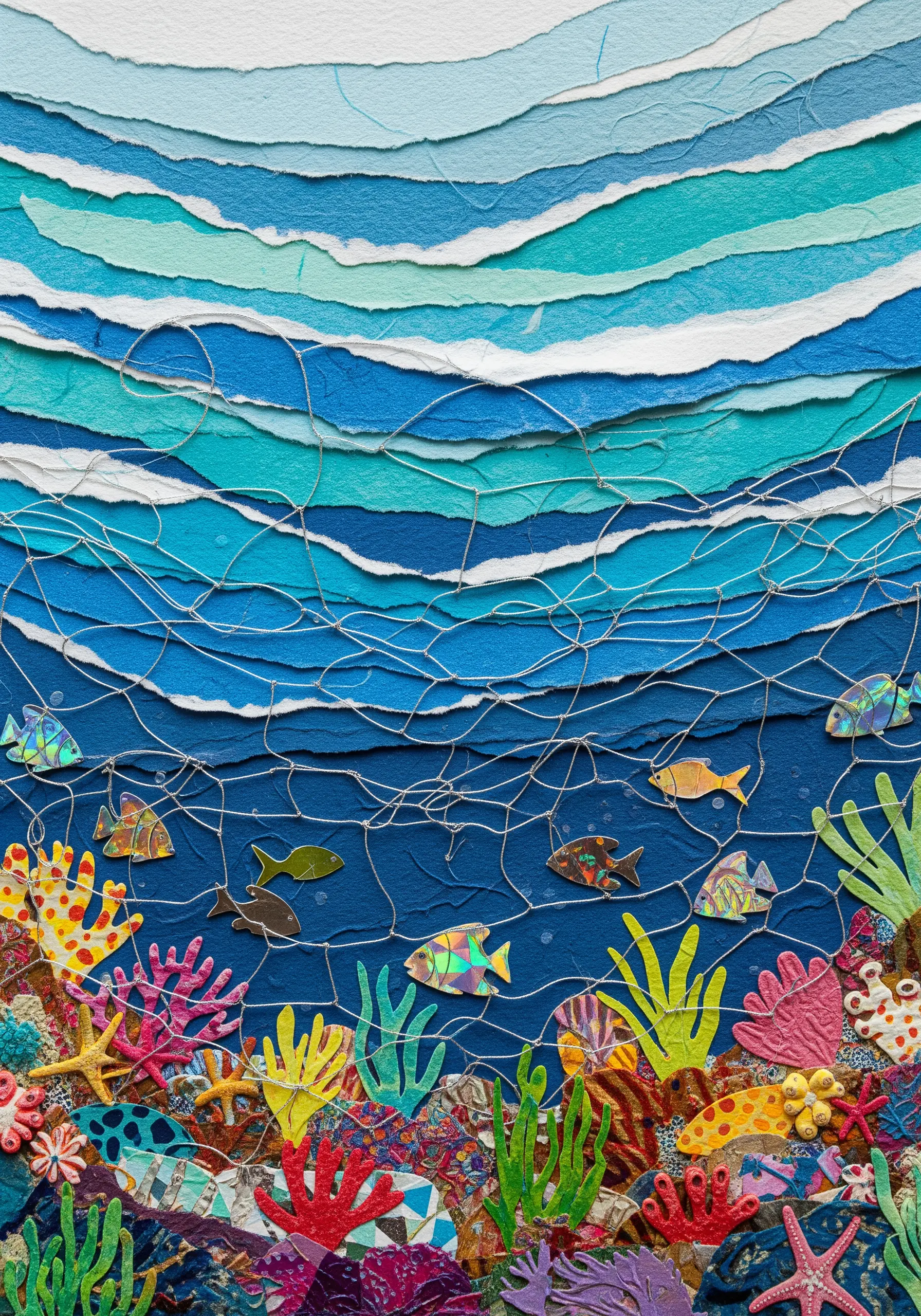 A vibrant underwater collage of torn paper with a delicate thread net woven over the top.