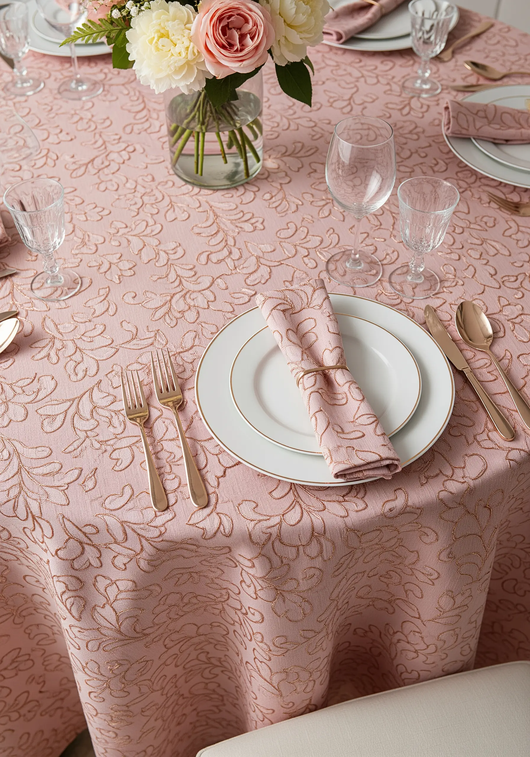 A dusty pink tablecloth with an all-over floral vine pattern embroidered in rose gold metallic thread.