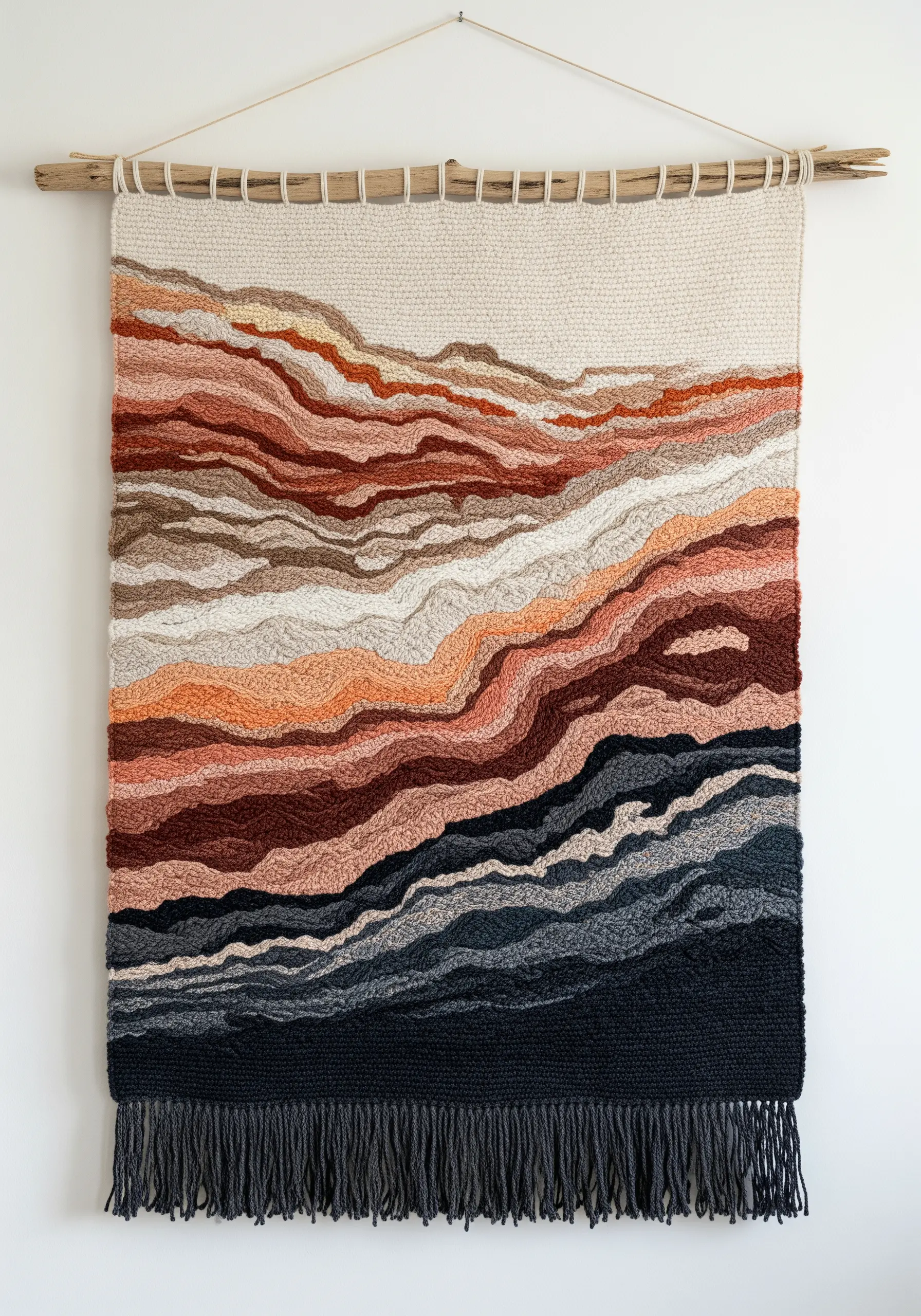 Textured wall hanging with layered waves of color in earthy tones, resembling a landscape.