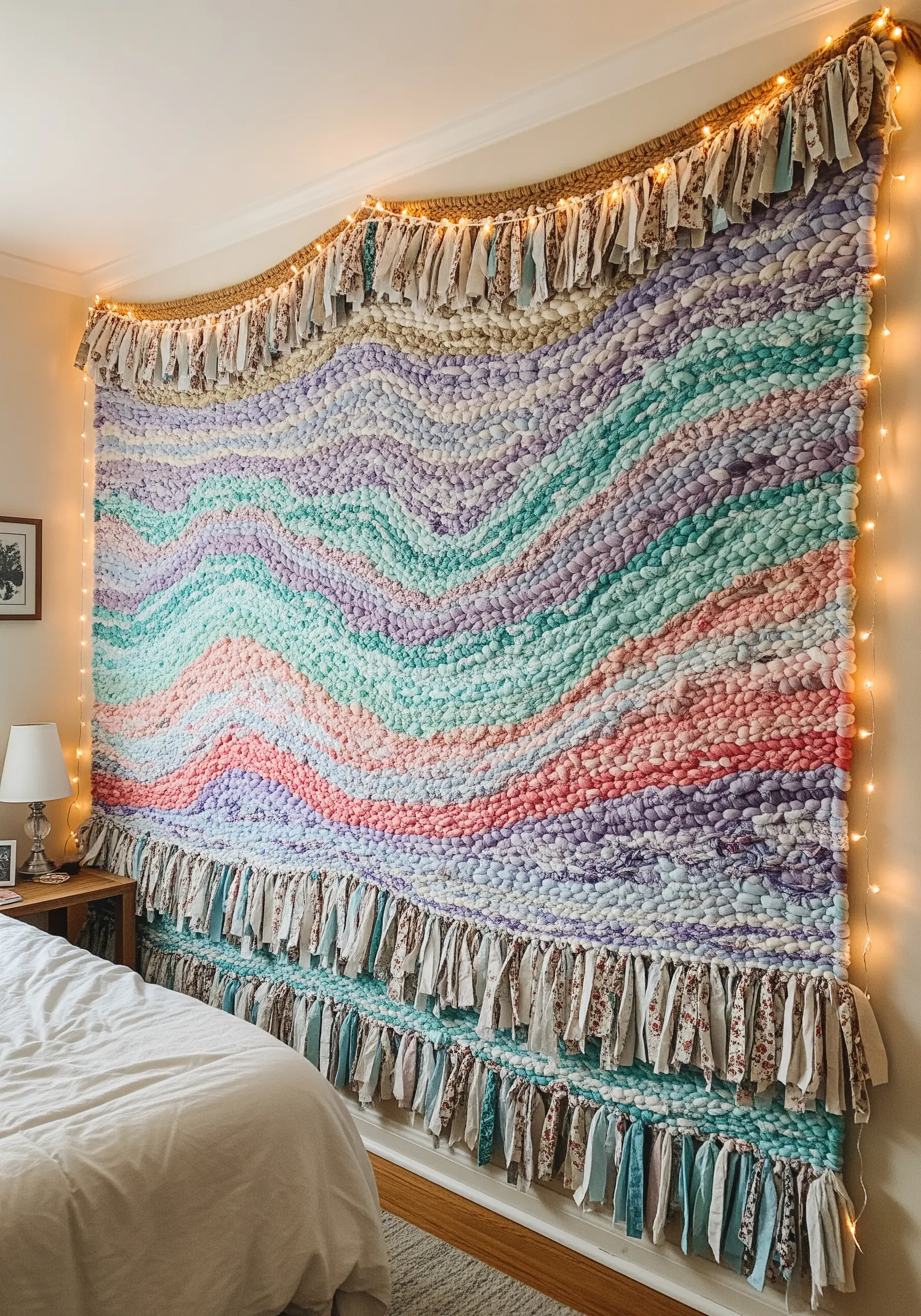A large, pastel-colored woven wall hanging made from thick fabric strips, with a fringed border.