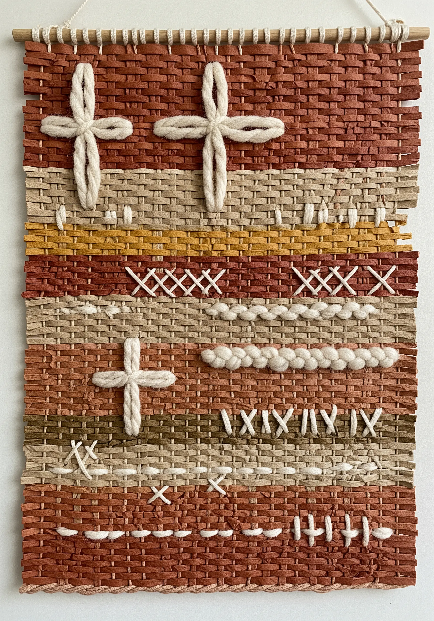 A woven wall hanging made from earthy-toned paper strips, accented with white yarn stitches and crosses.
