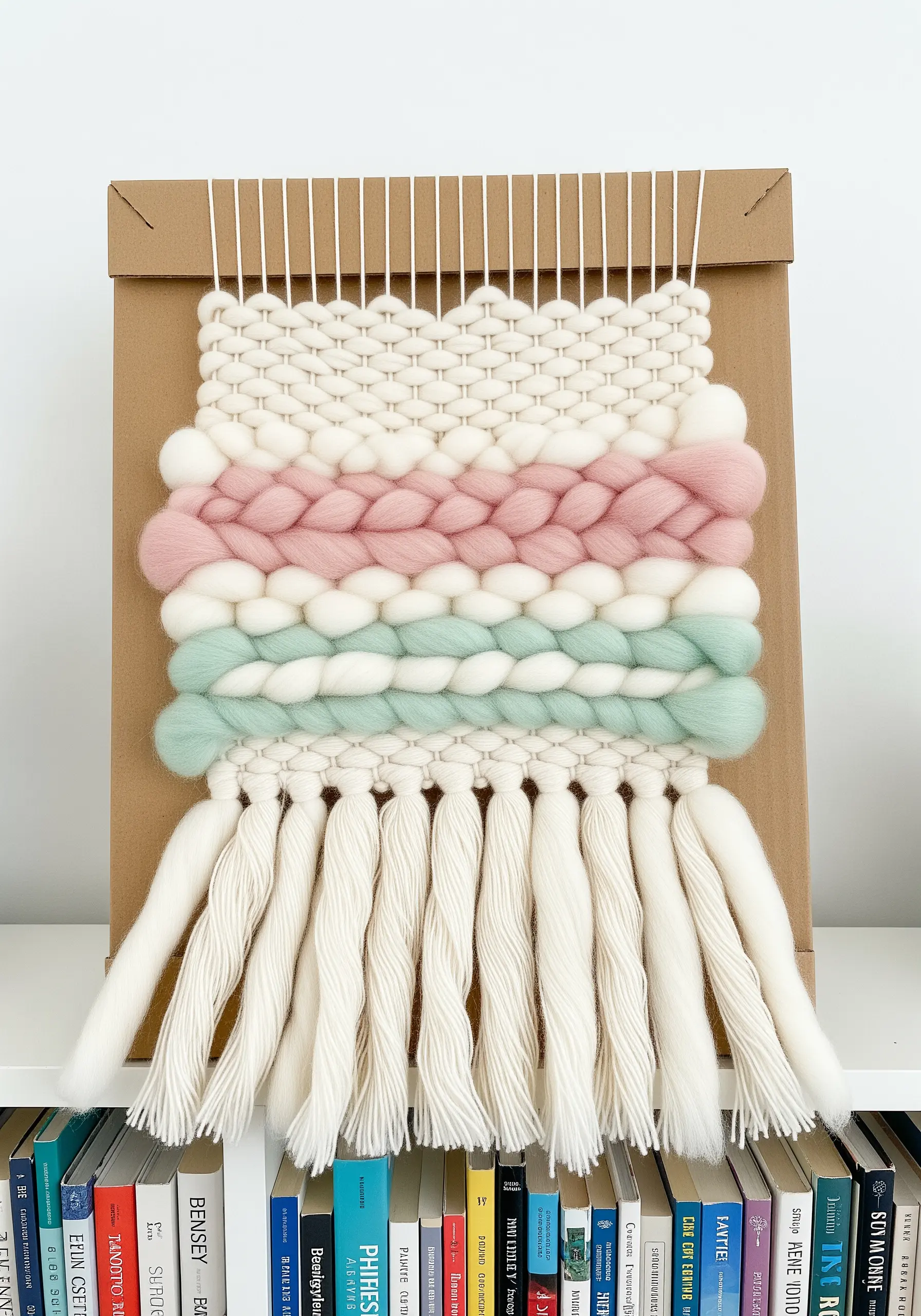 A small woven wall hanging on a cardboard loom with chunky wool roving and pastel yarn.