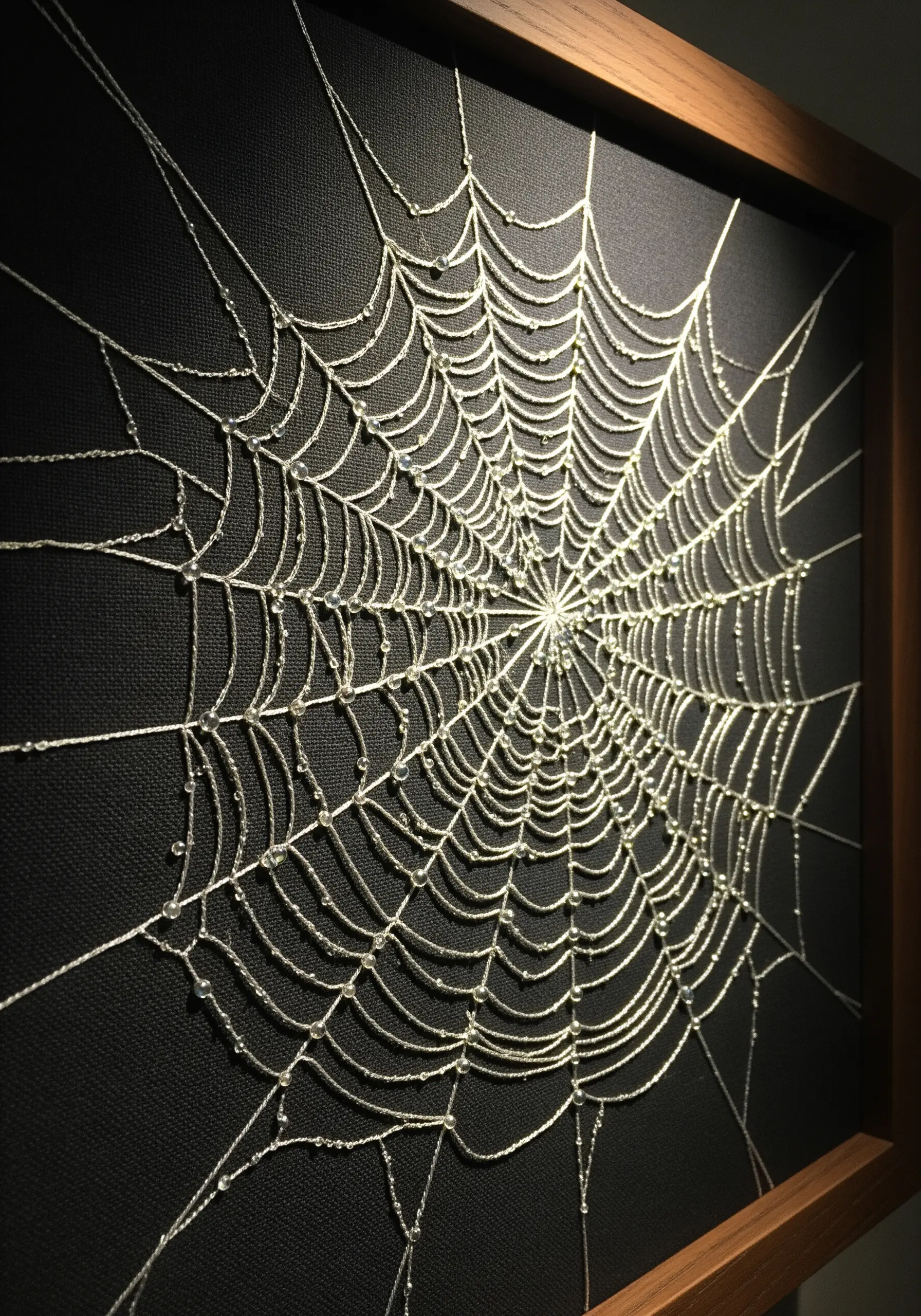A precisely stitched spider web in silver thread on black fabric, adorned with tiny clear beads.