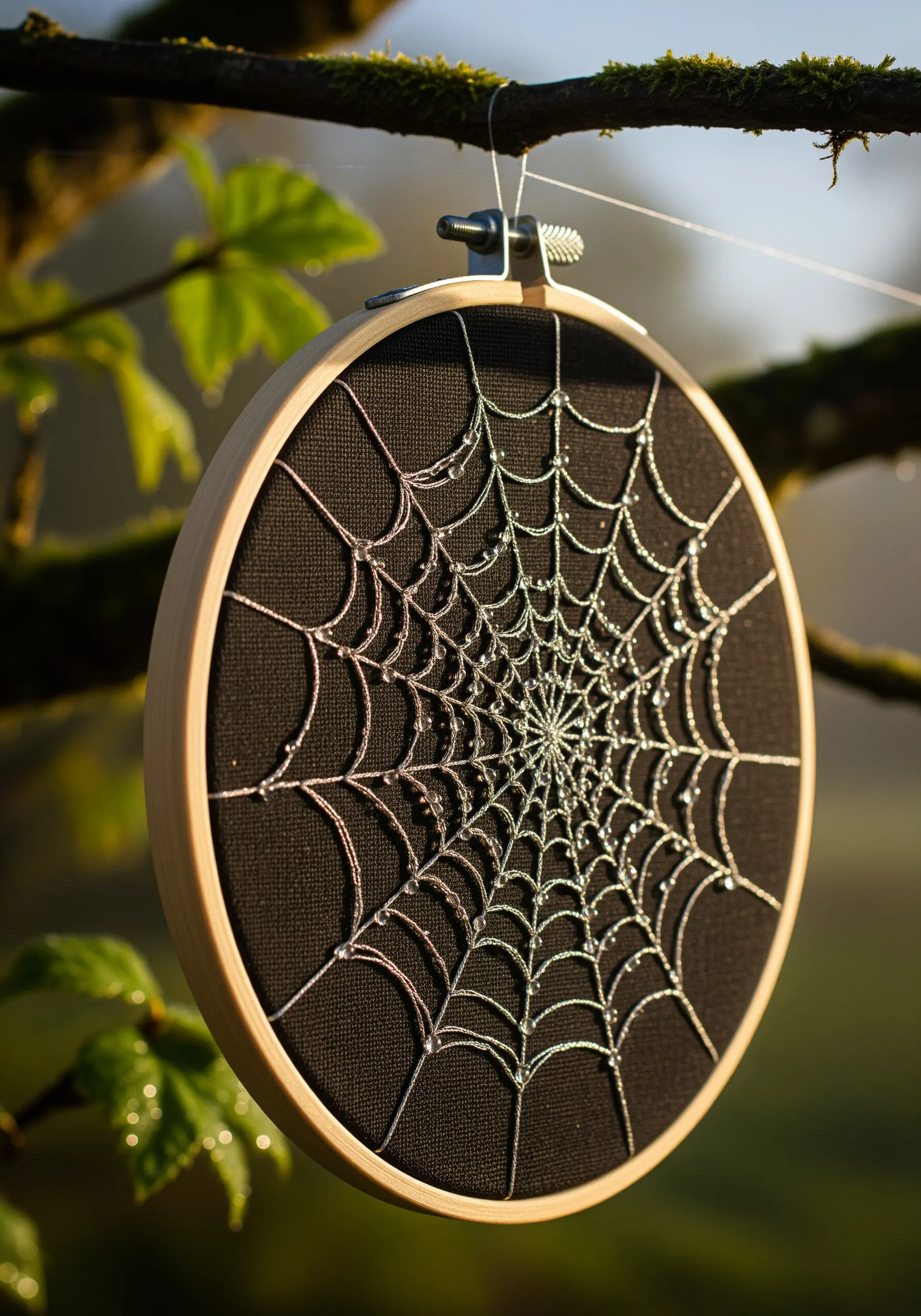 An embroidery of a delicate spiderweb with dewdrop-like beads on black fabric.
