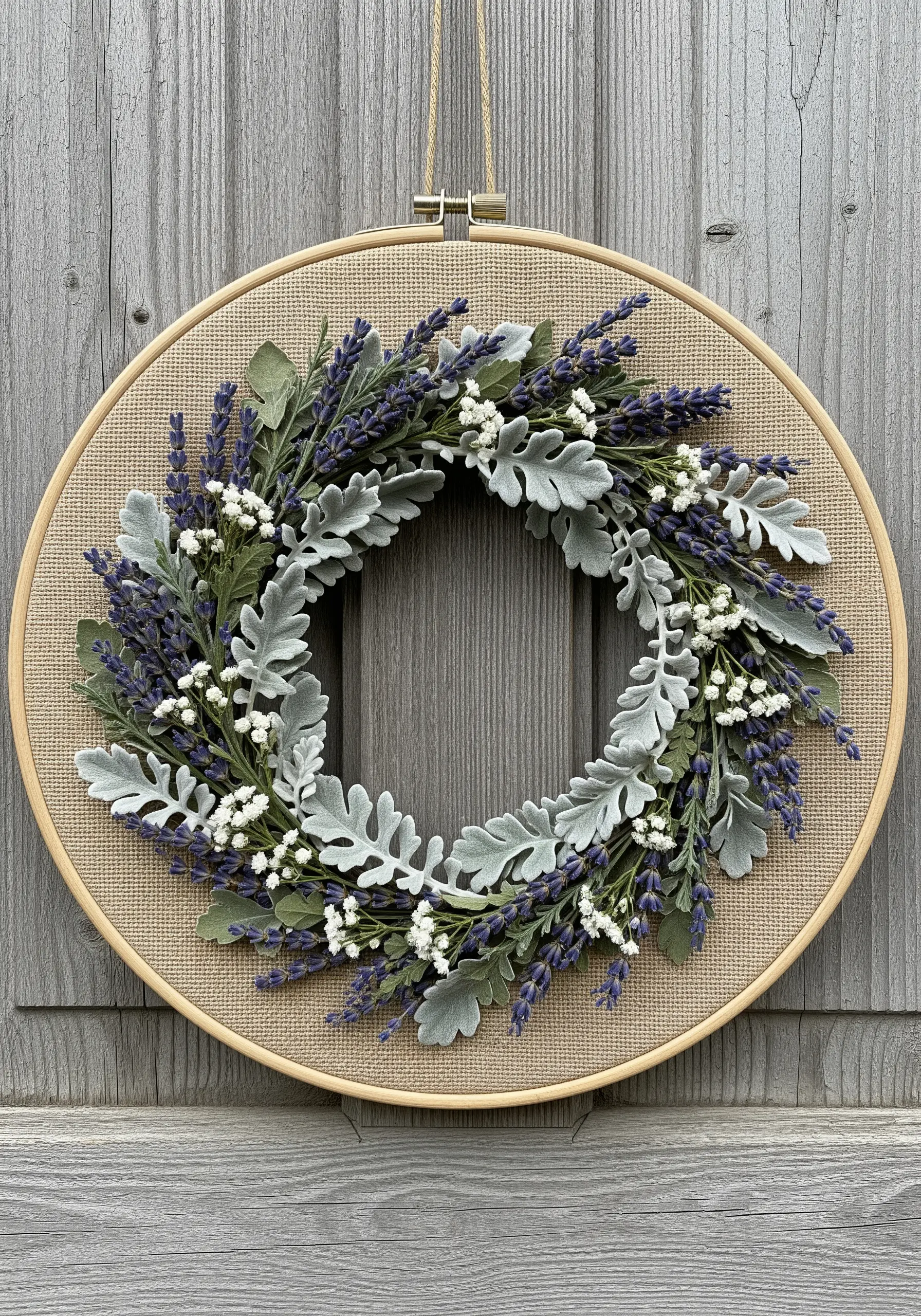 A wreath of pressed lavender, dusty miller, and baby's breath attached to burlap fabric in a hoop.