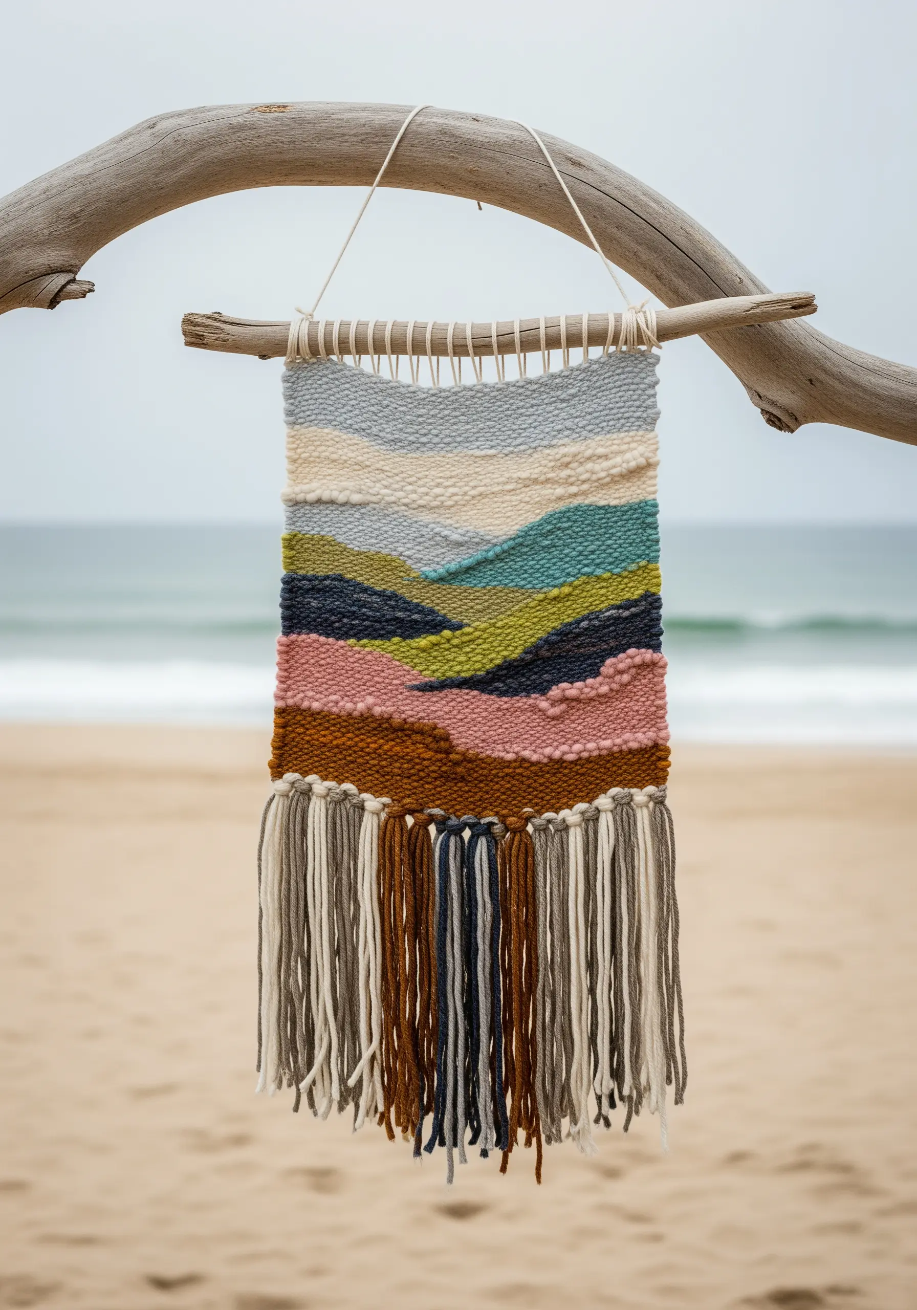 A woven wall hanging with abstract, rolling hills in muted earth tones, hung from a curved branch.