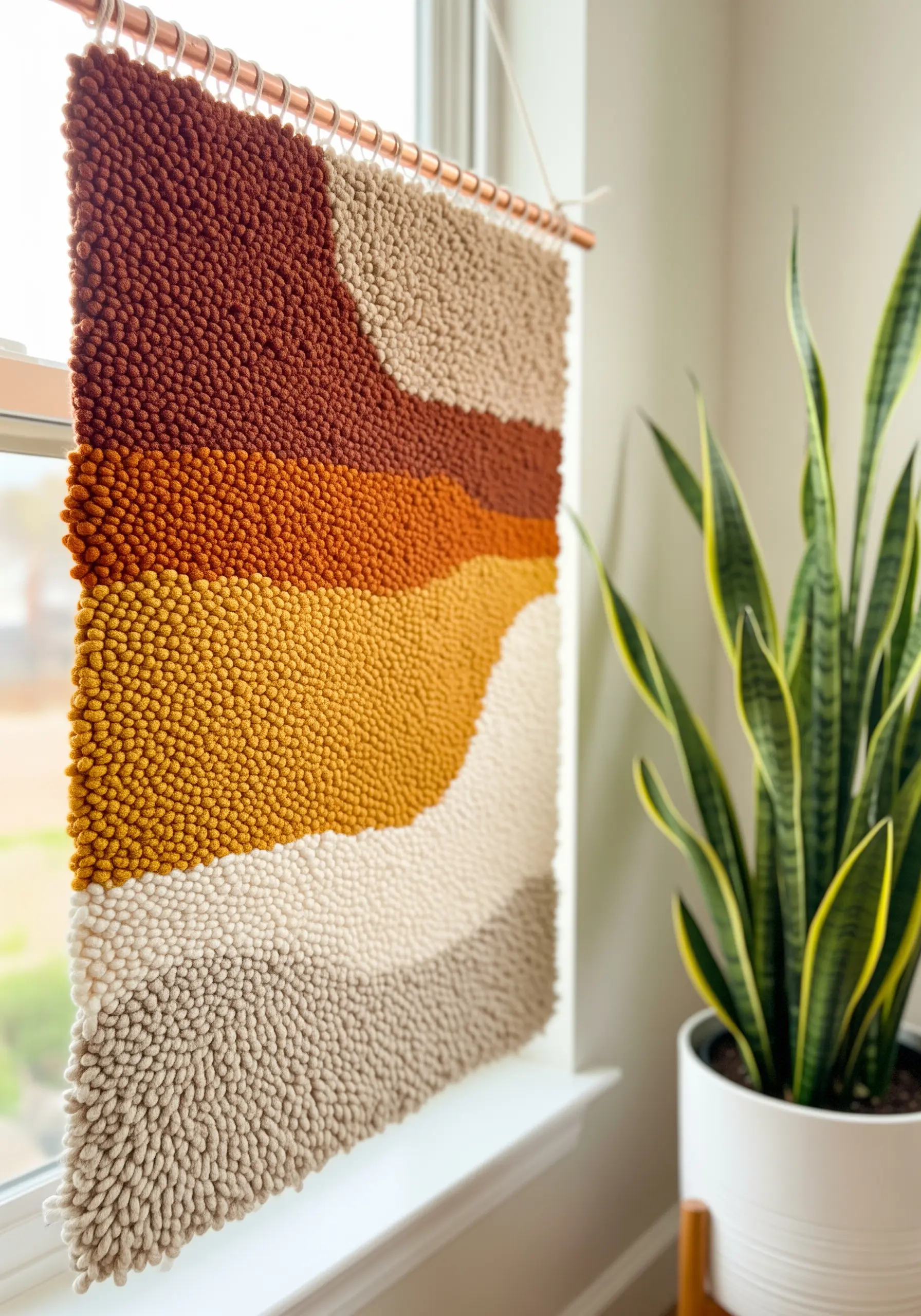 A punch needle wall hanging with wavy, abstract shapes in earthy tones of brown, orange, and cream.
